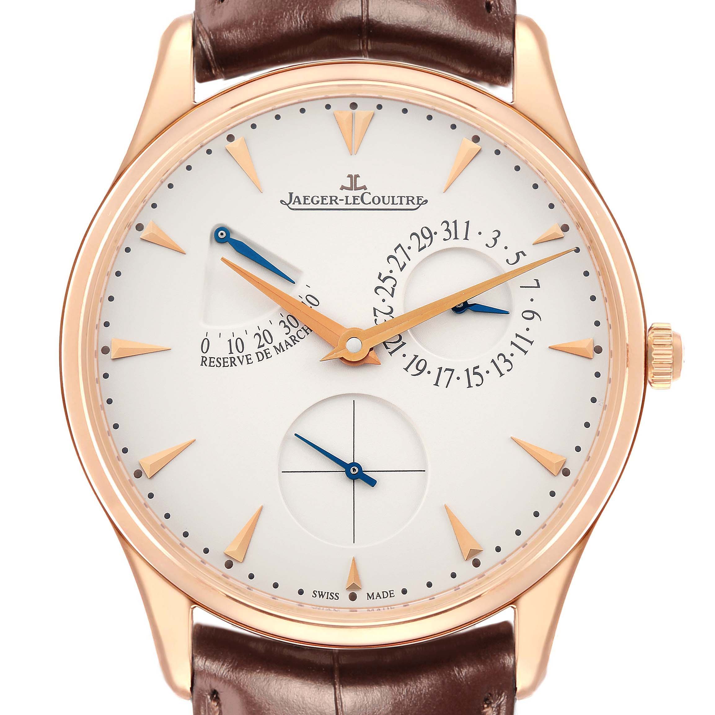 The Jaeger LeCoultre Master Q1372520 Men
s Rose Gold Beige Dial model watch is shown from the front, highlighting the dial, hands, markers, and case.