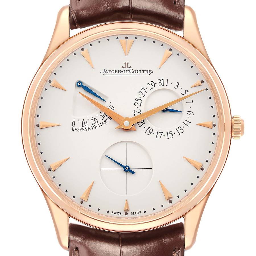The Jaeger LeCoultre Master Q1372520 Men's Rose Gold Beige Dial model watch is shown from the front, highlighting the dial, hands, markers, and case.