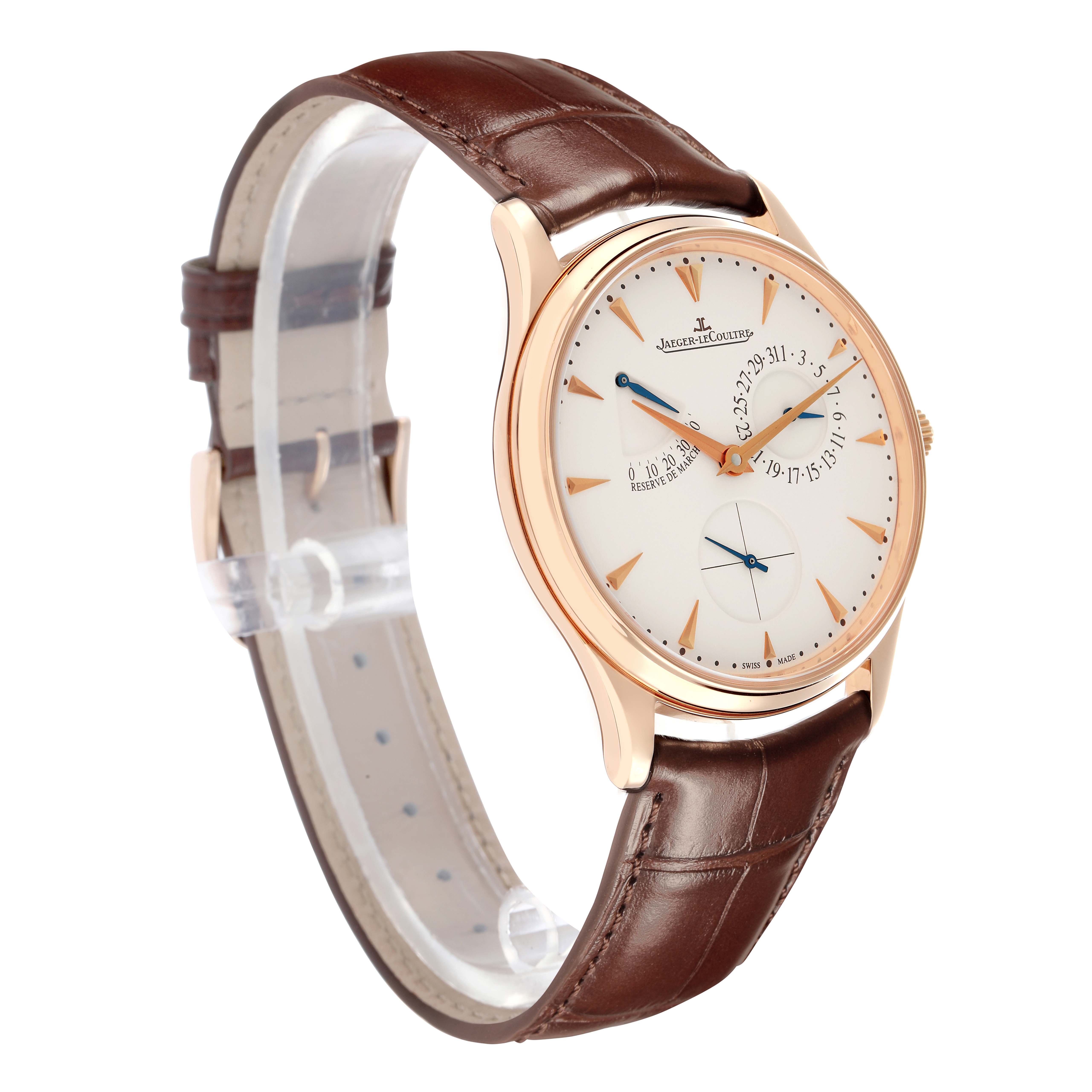 The Jaeger-LeCoultre Master model is shown at a three-quarter angle, highlighting the watch face, case, and leather strap.