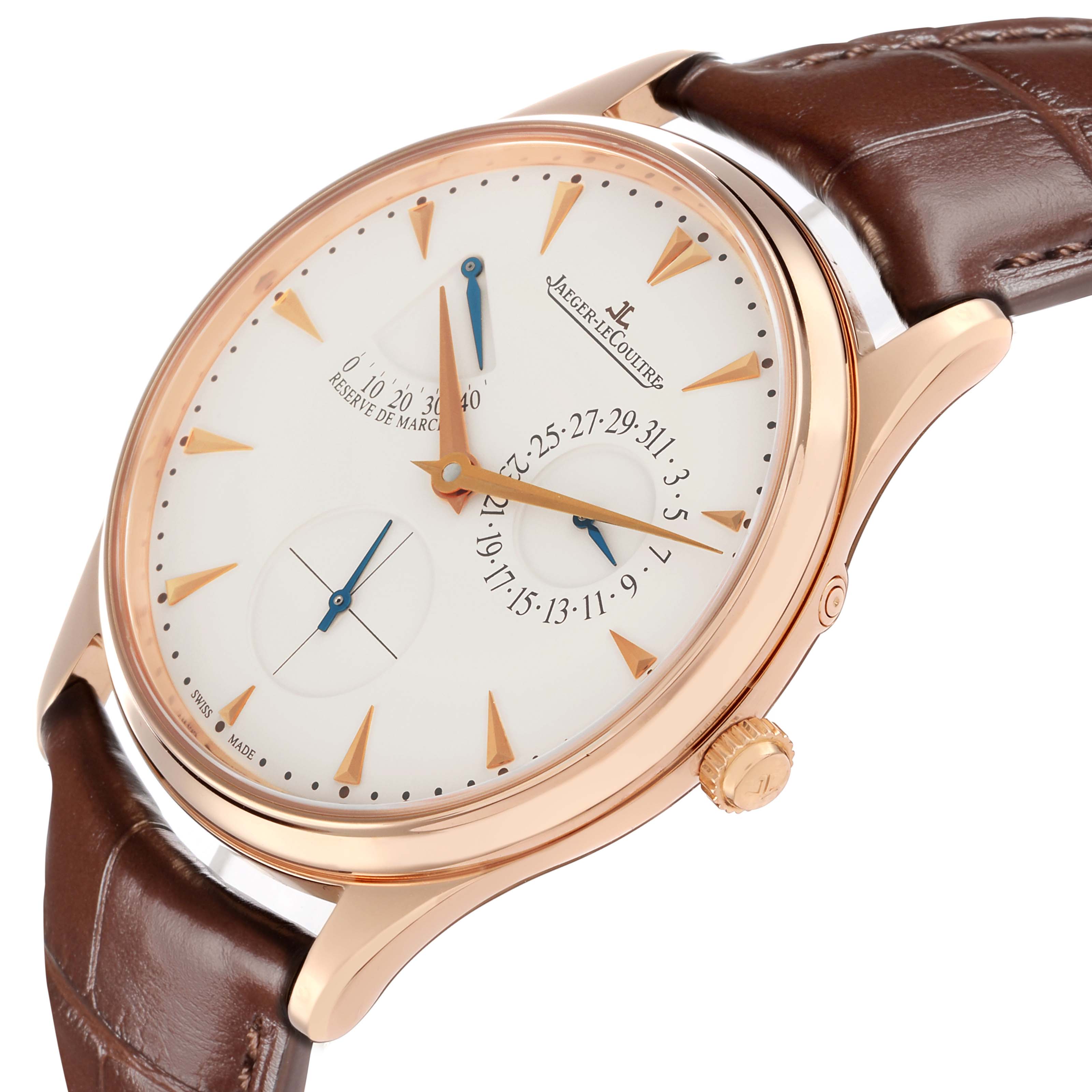 The Jaeger-LeCoultre Master watch is shown at a slight angle, highlighting the dial, crown, and part of the brown leather strap.
