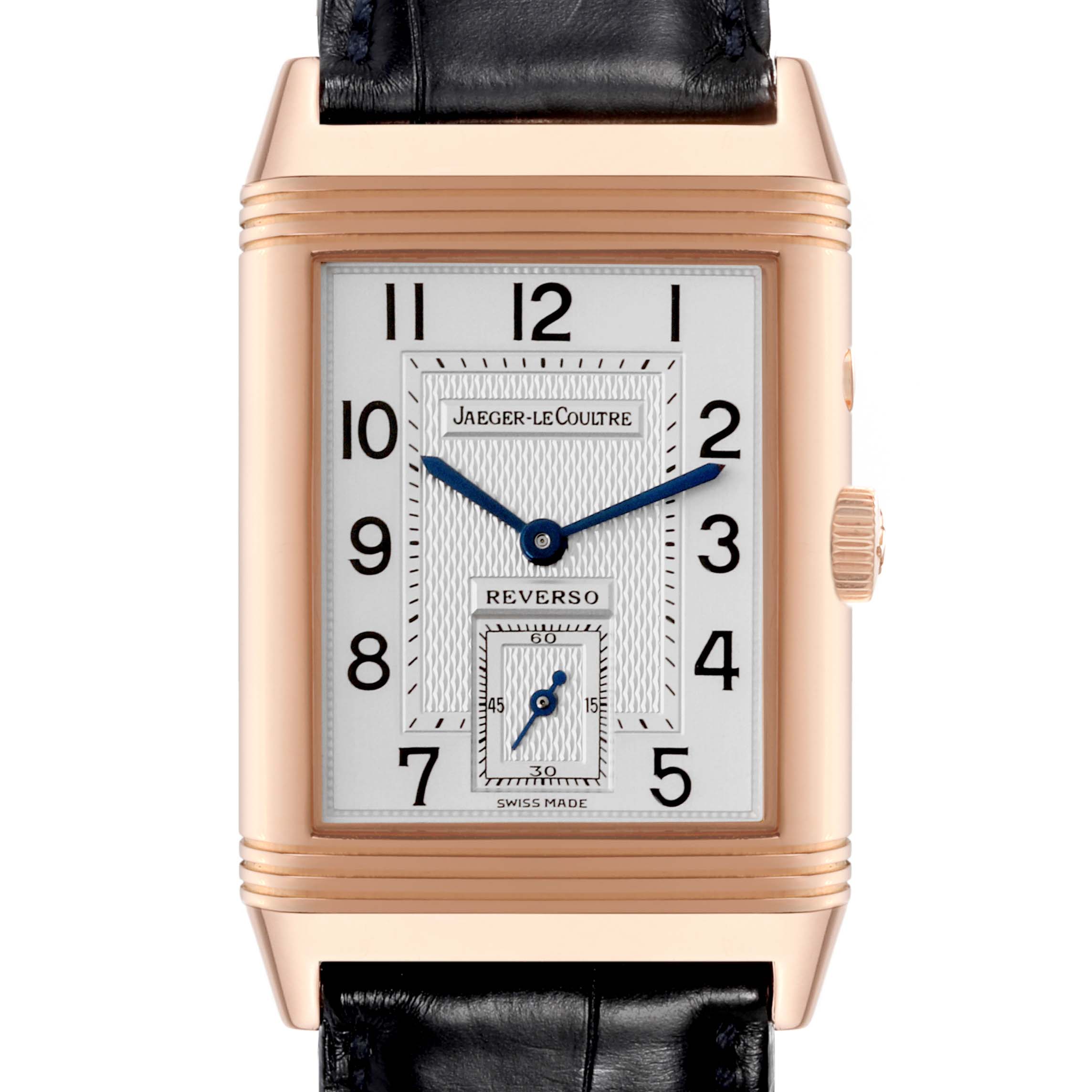 The image shows a front view of the Jaeger-LeCoultre Reverso watch, focusing on the dial and part of the leather strap.