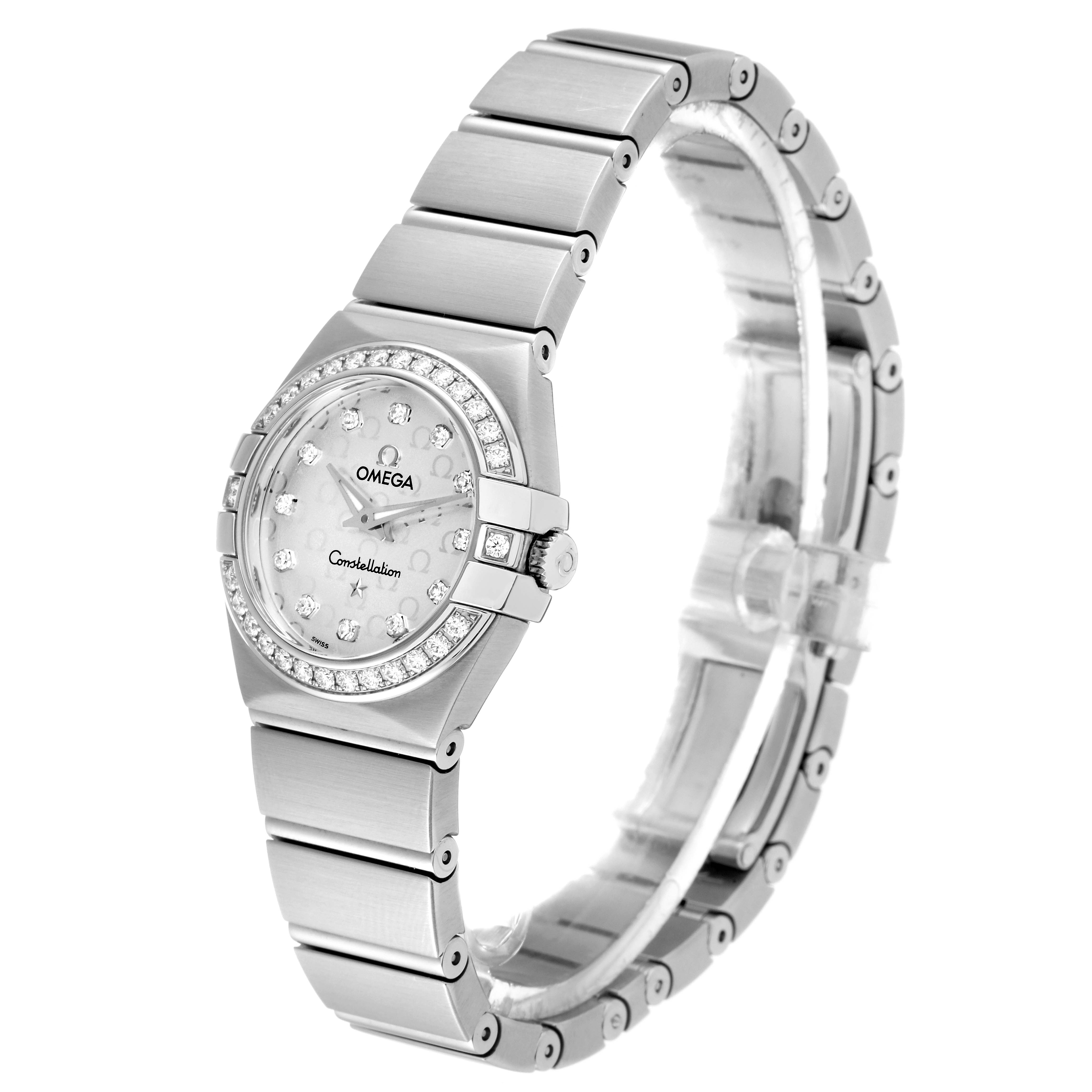 The Omega 123.15.24.60.52.001 Women's Stainless Steel Silver Dial 123.15.24.60.52.001 Women's Stainless Steel Silver Dial Constellation Diamond Steel Ladies Watch 123.15.24.60.52.001 is shown from a tilted front angle, highlighting the band and diamond-studded bezel.