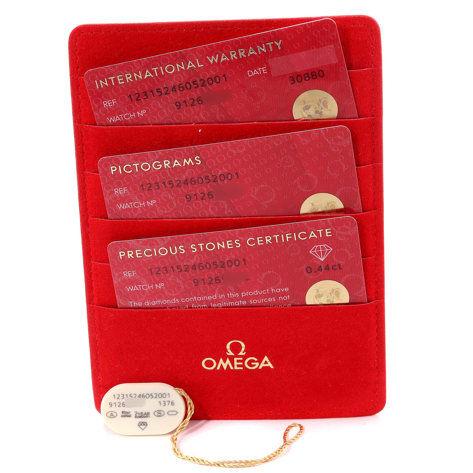 The image shows the warranty cards and a tag for the Omega 123.15.24.60.52.001 Women's Stainless Steel Silver Dial 123.15.24.60.52.001 Women's Stainless Steel Silver Dial Constellation Diamond Steel Ladies Watch model 123.15.24.60.52.001.