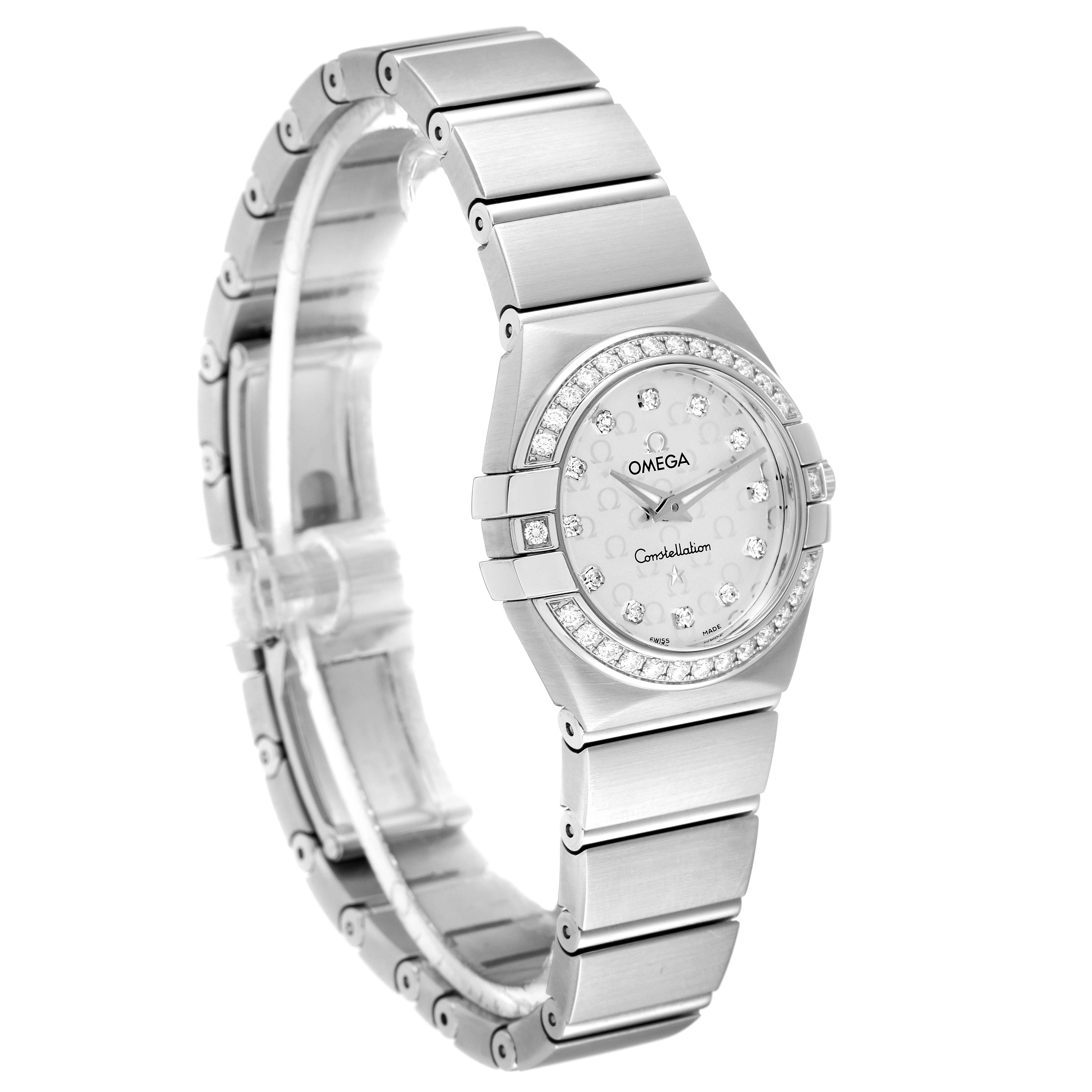 This Omega 123.15.24.60.52.001 Women's Stainless Steel Silver Dial 123.15.24.60.52.001 Women's Stainless Steel Silver Dial Constellation Diamond Steel Ladies Watch model 123.15.24.60.52.001 is shown at a 3/4 angle highlighting the dial, bracelet, and bezel.