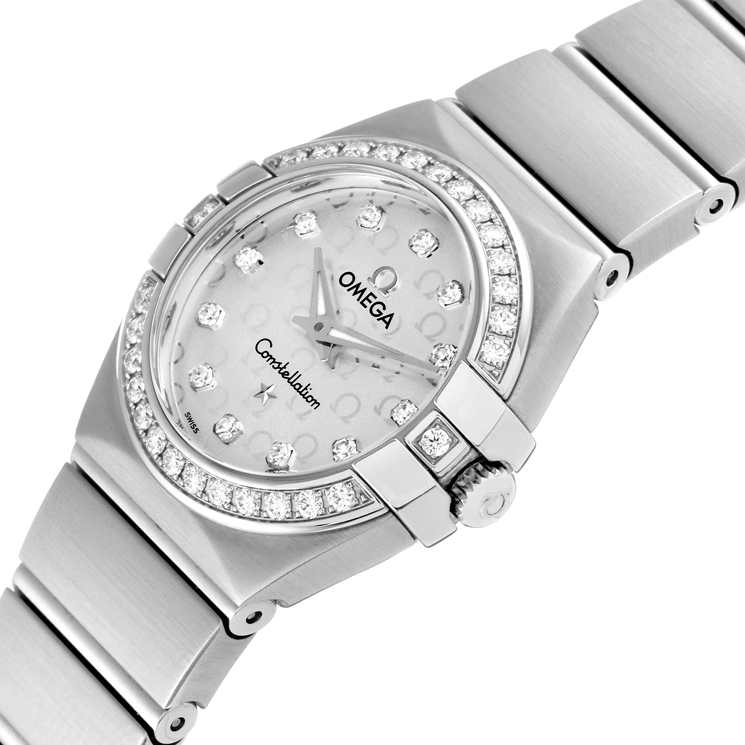 This Omega 123.15.24.60.52.001 Women's Stainless Steel Silver Dial 123.15.24.60.52.001 Women's Stainless Steel Silver Dial Constellation Diamond Steel Ladies Watch model 123.15.24.60.52.001 is shown at an angled view featuring the dial, bezel, and part of the bracelet.