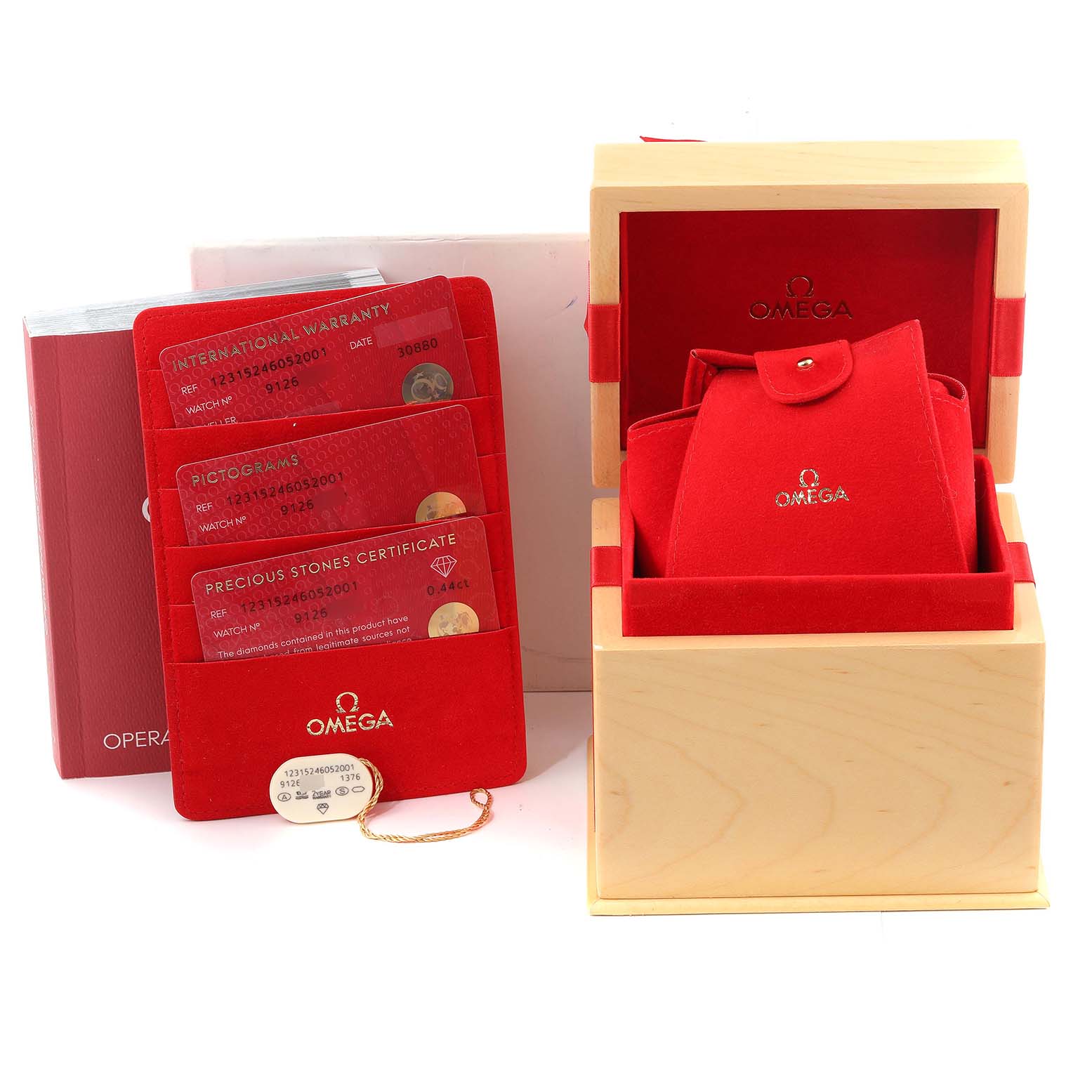 The image shows accessories for the Omega 123.15.24.60.52.001 Women's Stainless Steel Silver Dial 123.15.24.60.52.001 Women's Stainless Steel Silver Dial Constellation Diamond Steel Ladies Watch 123.15.24.60.52.001, including cards, a box, and a red pouch.