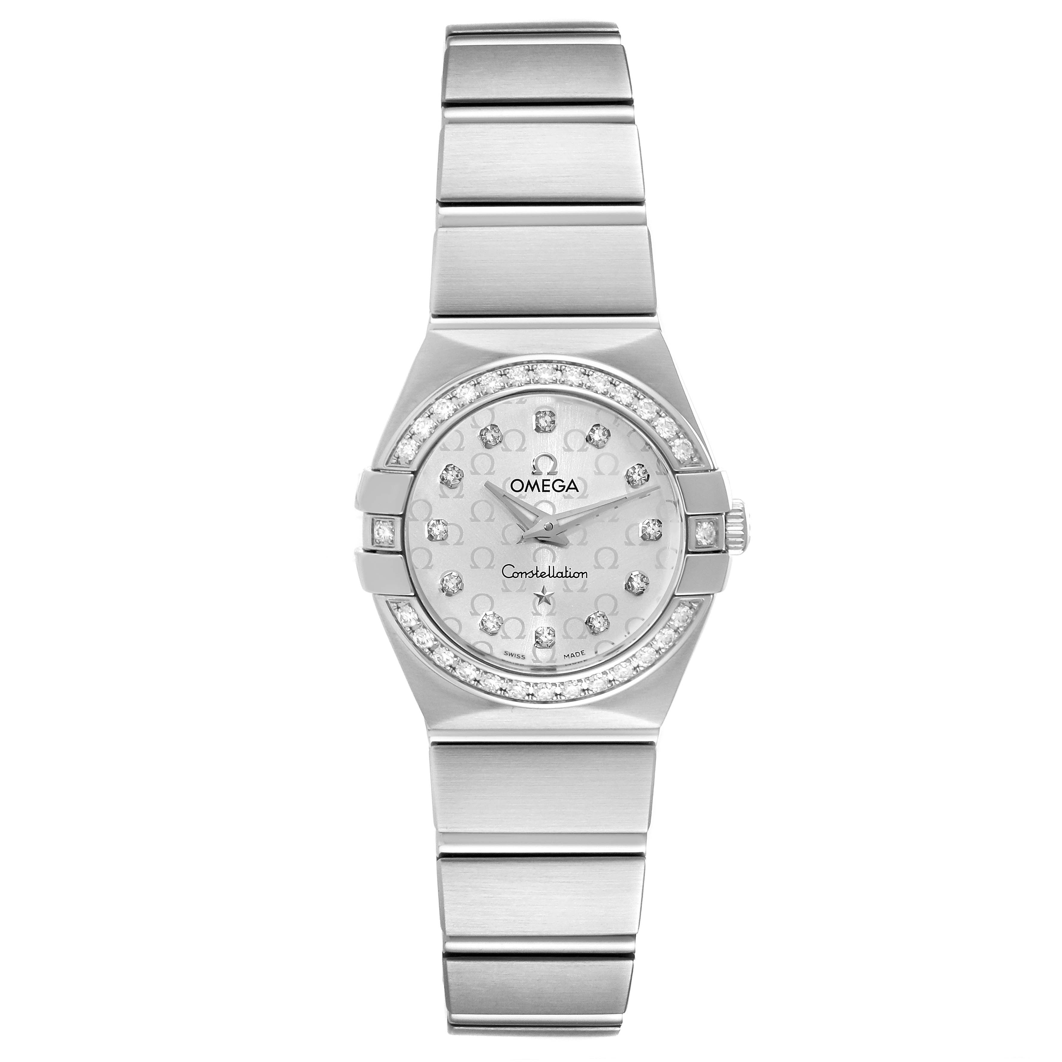 This is a front view of an Omega 123.15.24.60.52.001 Women's Stainless Steel Silver Dial 123.15.24.60.52.001 Women's Stainless Steel Silver Dial Constellation Diamond Steel Ladies Watch, model 123.15.24.60.52.001, showing the face and bracelet.