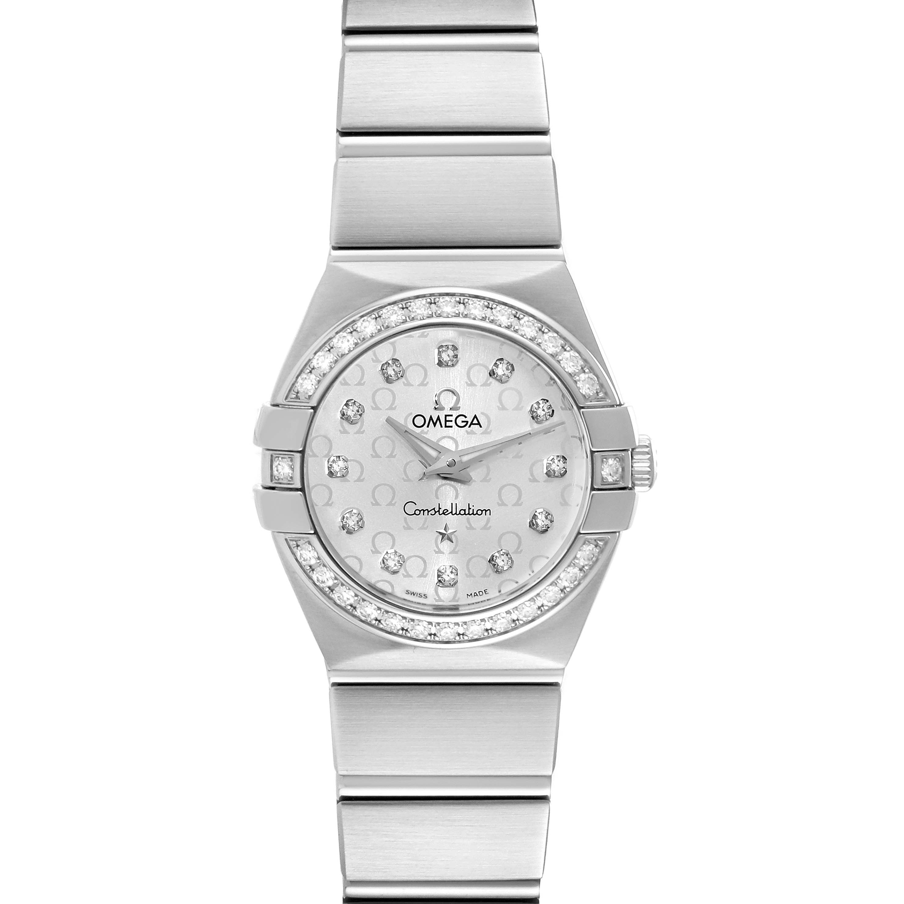The Omega 123.15.24.60.52.001 Women's Stainless Steel Silver Dial 123.15.24.60.52.001 Women's Stainless Steel Silver Dial Constellation Diamond Steel Ladies Watch 123.15.24.60.52.001 is shown from the front, displaying the watch face, bezel, and bracelet.