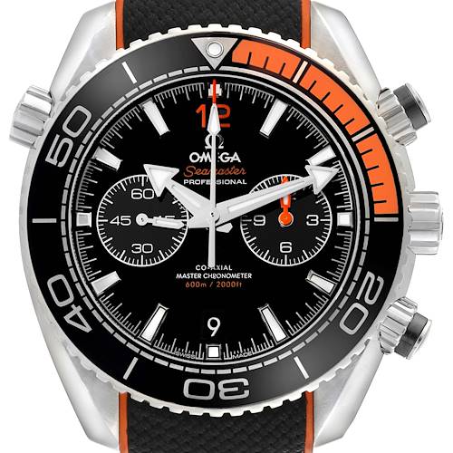 The image shows a front view of an Omega Planet Ocean model watch, highlighting its dial, bezel, and chronograph subdials.