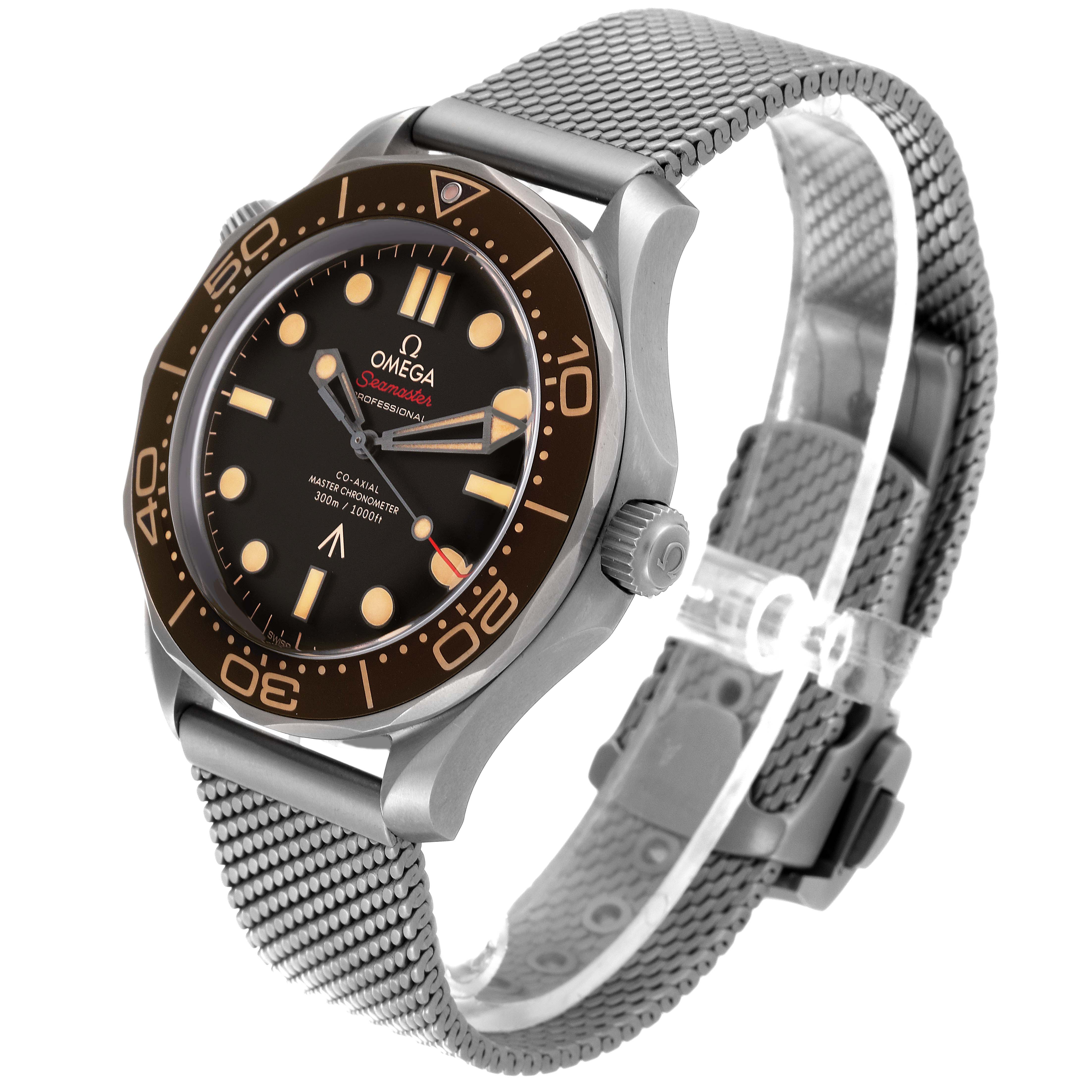 The Omega Seamaster 210.92.42.20.01.001 Men's Titanium Brown Dial 210.92.42.20.01.001 Men's Titanium Brown Dial watch is shown at a side angle, displaying the face, bezel, crown, and metal mesh strap.