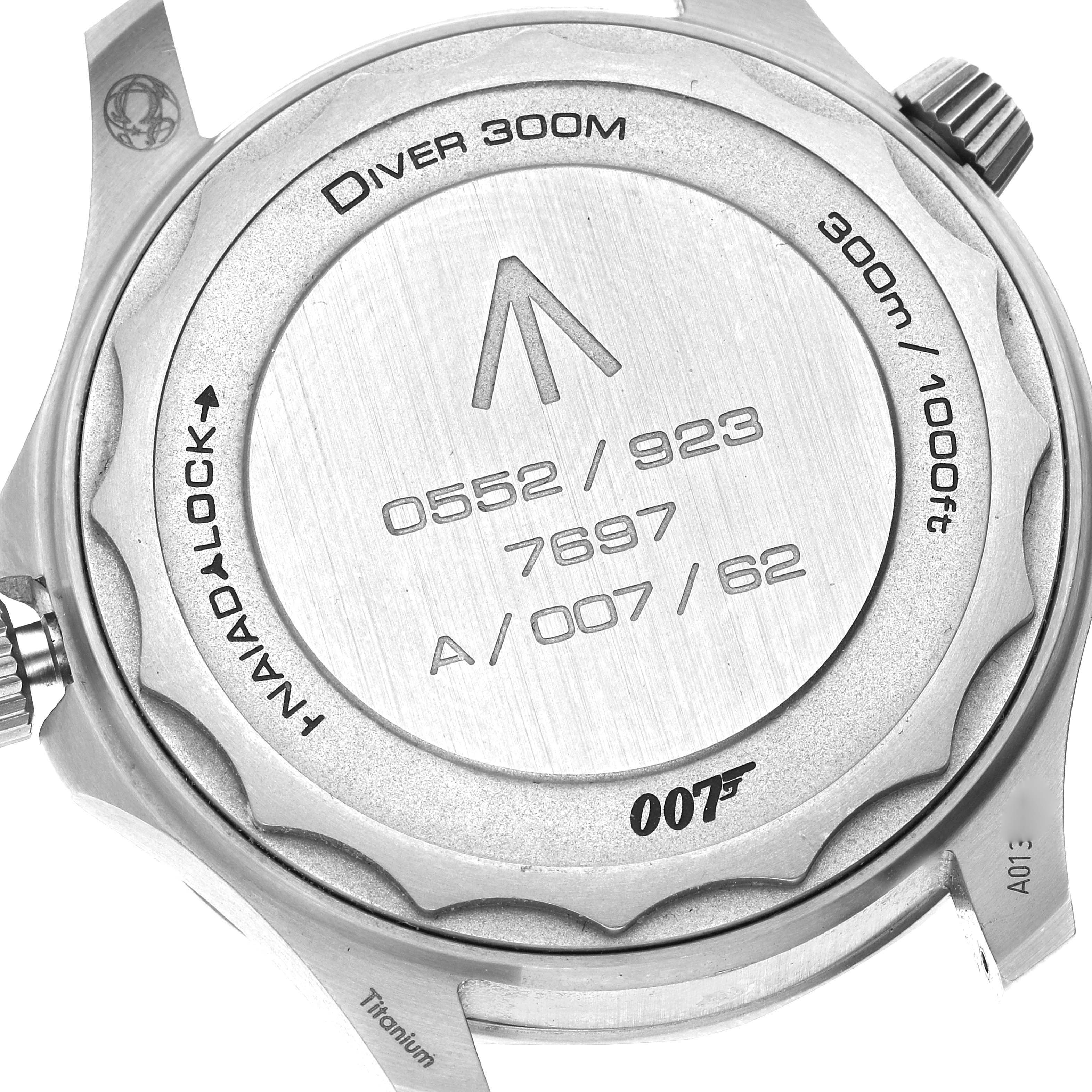 This image shows the back case of an Omega Seamaster 210.92.42.20.01.001 Men's Titanium Brown Dial 210.92.42.20.01.001 Men's Titanium Brown Dial Diver 300M watch, featuring various engravings and the Naiad Lock.