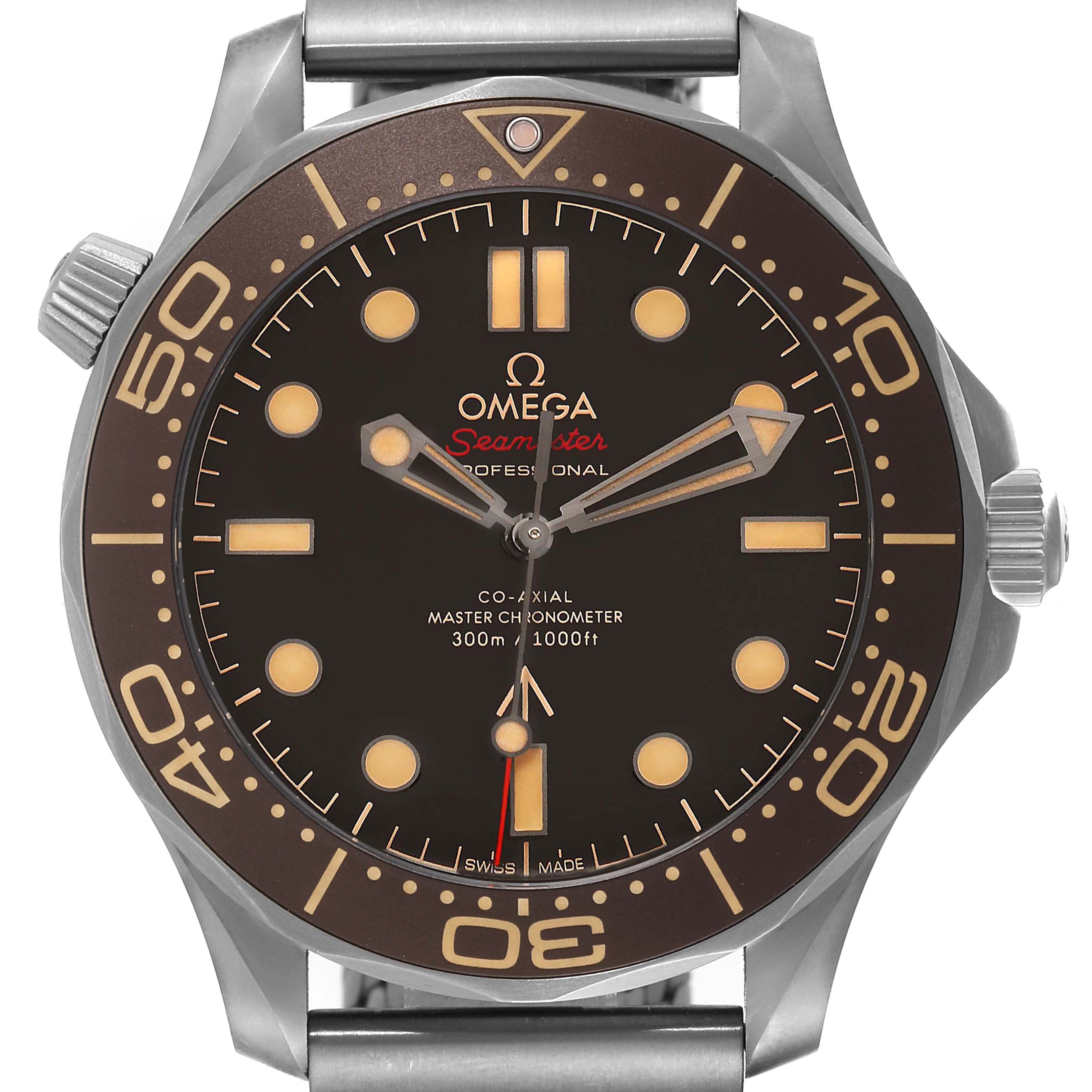 The image shows a frontal view of the Omega Seamaster 210.92.42.20.01.001 Men's Titanium Brown Dial 210.92.42.20.01.001 Men's Titanium Brown Dial, highlighting the dial, bezel, and part of the bracelet.