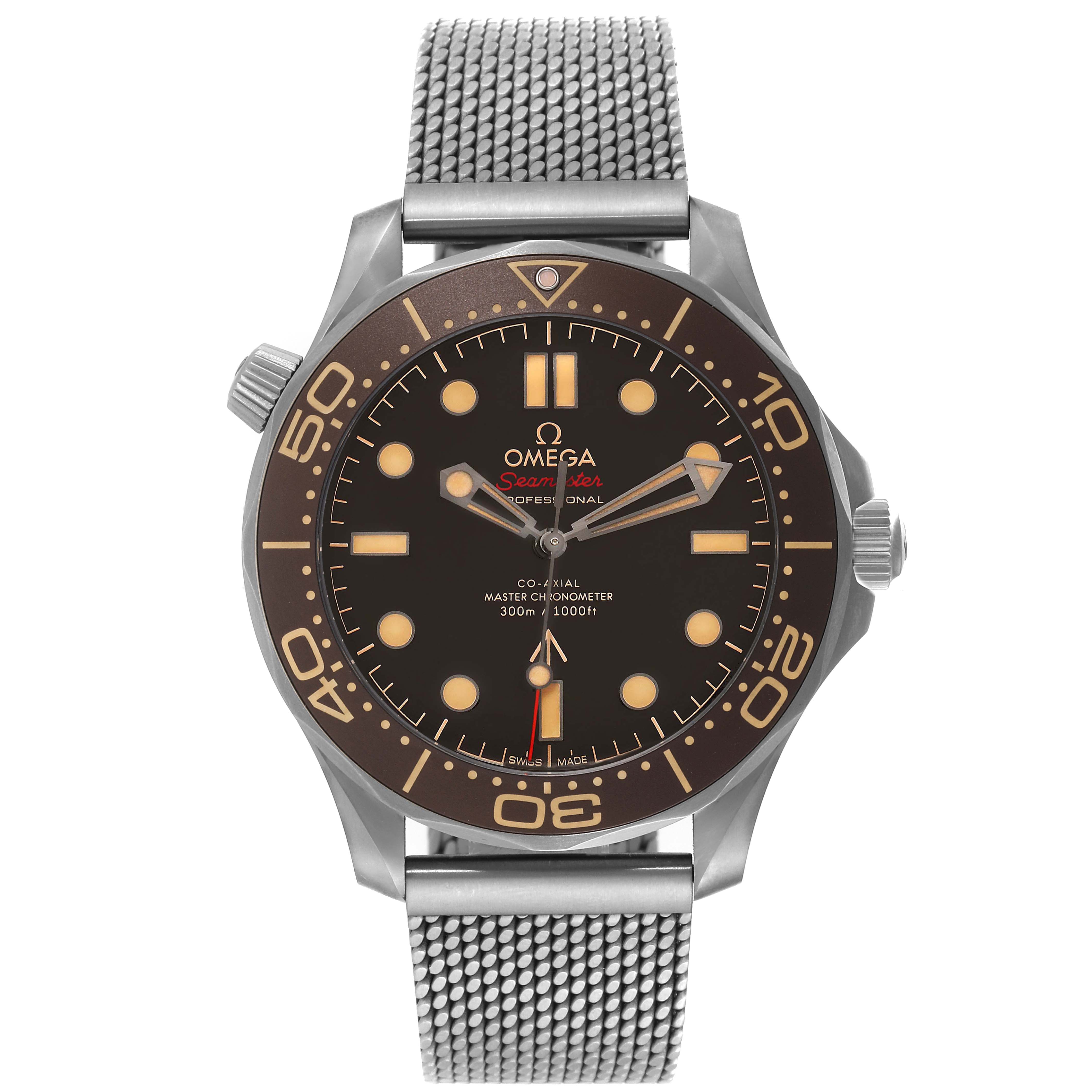 The Omega Seamaster 210.92.42.20.01.001 Men's Titanium Brown Dial 210.92.42.20.01.001 Men's Titanium Brown Dial watch is shown from the front, displaying its dial, hands, bezel, crown, and mesh bracelet.