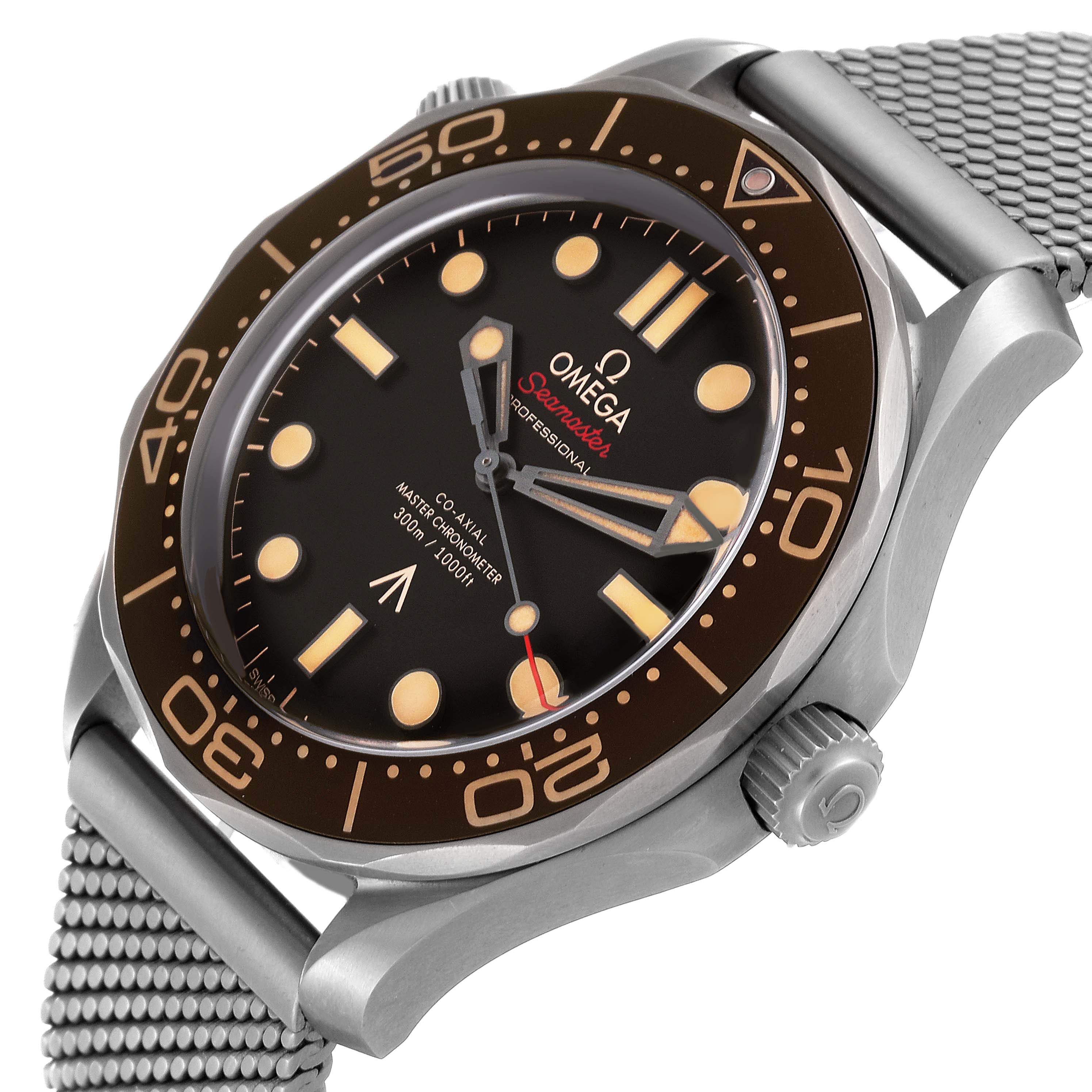 The image shows an Omega Seamaster 210.92.42.20.01.001 Men's Titanium Brown Dial 210.92.42.20.01.001 Men's Titanium Brown Dial watch at an angled side view, highlighting the bezel, dial, and mesh strap.