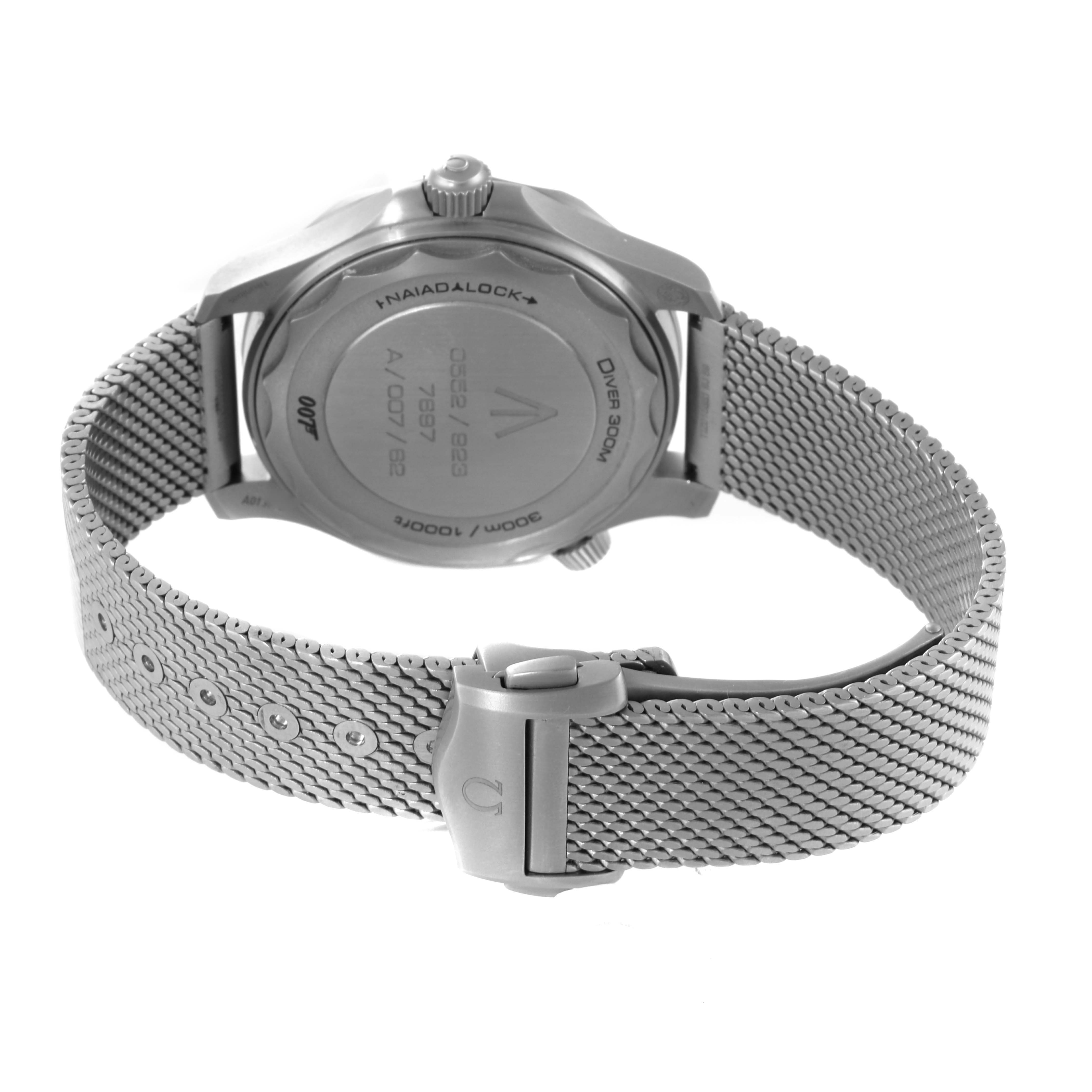 The image shows the back case and metal mesh band of an Omega Seamaster 210.92.42.20.01.001 Men's Titanium Brown Dial 210.92.42.20.01.001 Men's Titanium Brown Dial watch.