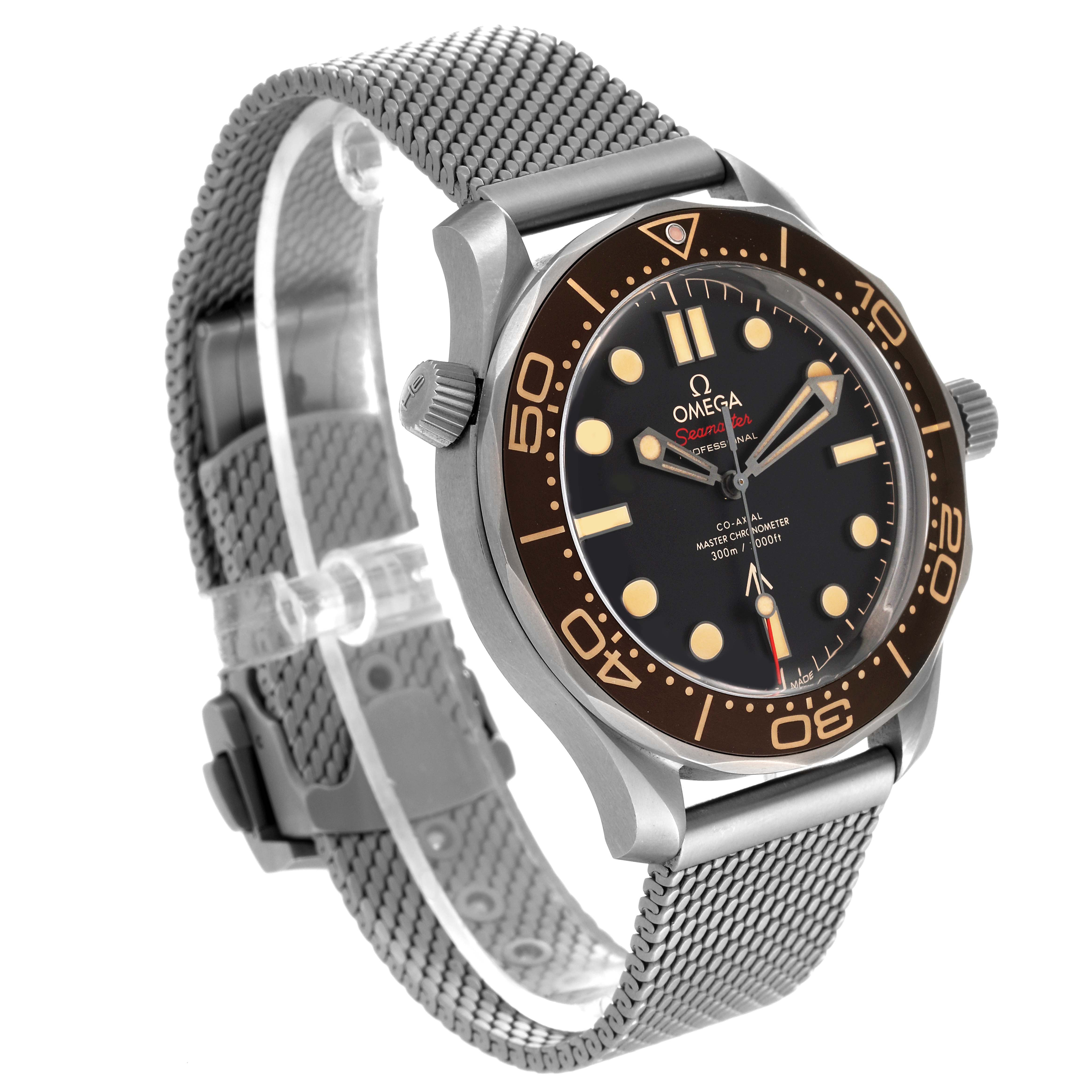 The Omega Seamaster 210.92.42.20.01.001 Men's Titanium Brown Dial 210.92.42.20.01.001 Men's Titanium Brown Dial watch is shown from a front angle highlighting the face, bezel, crown, and mesh strap.