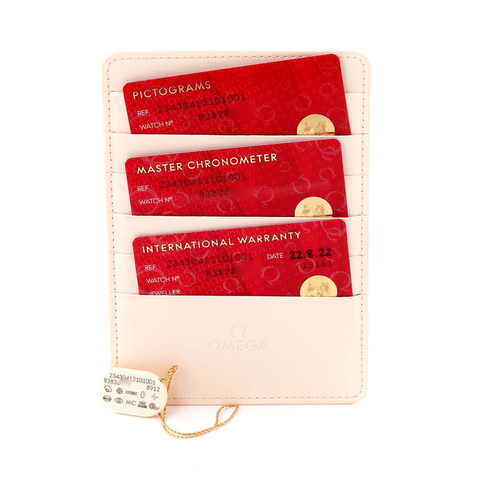 This image shows three Omega Seamaster 234.30.41.21.01.001 Men
s Stainless Steel Black Dial 234.30.41.21.01.001 Men
s Stainless Steel Black Dial model cards: Pictograms, Master Chronometer, and International Warranty, in a wallet.