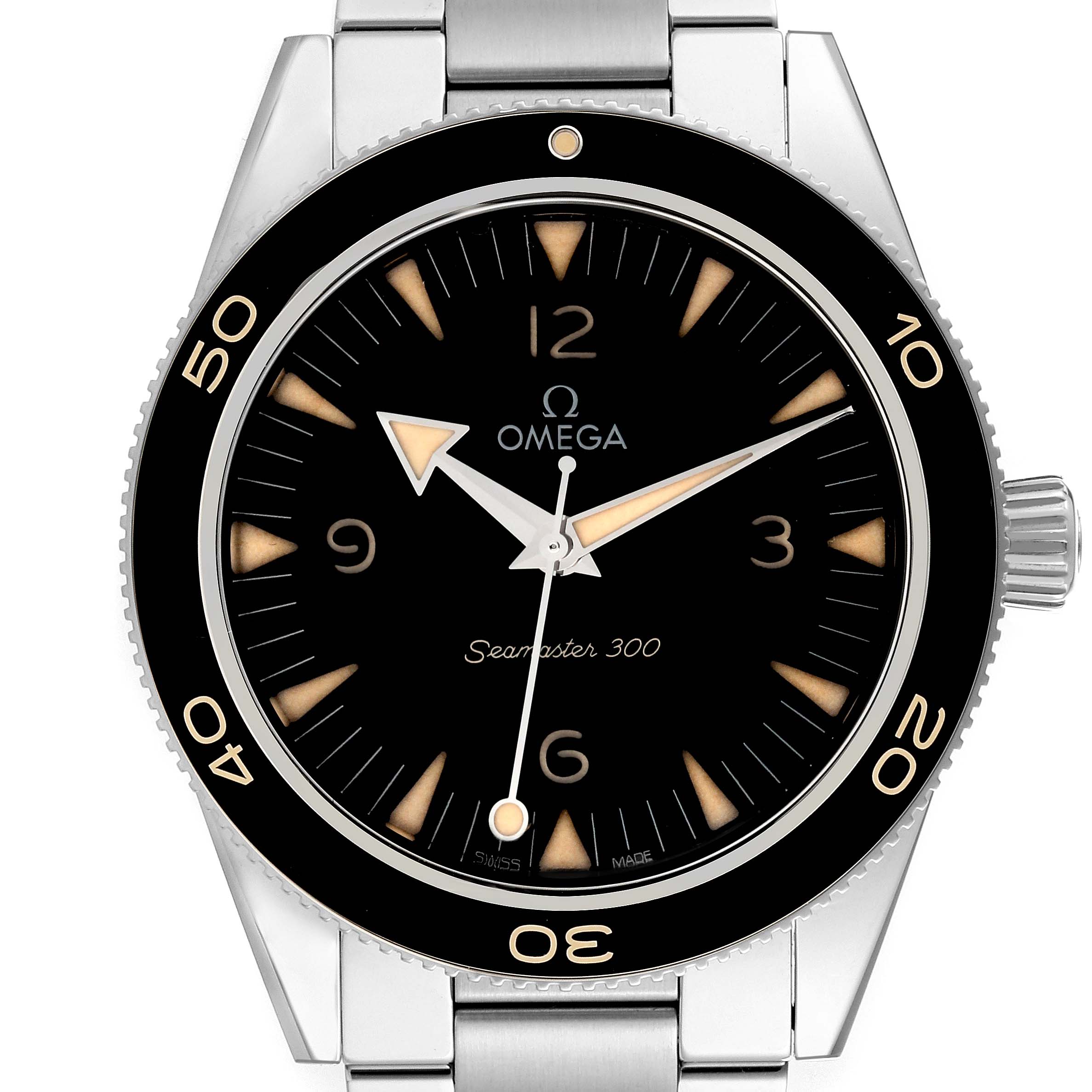 The image shows a front view of an Omega Seamaster 234.30.41.21.01.001 Men
s Stainless Steel Black Dial 234.30.41.21.01.001 Men
s Stainless Steel Black Dial 300 watch, highlighting the dial, hands, bezel, and part of the bracelet.