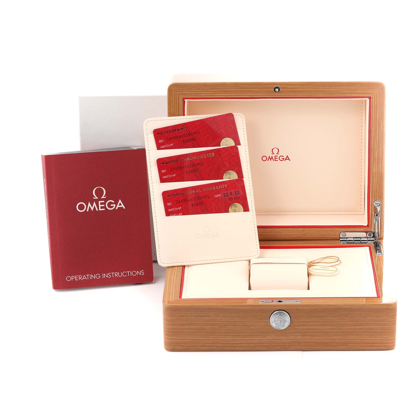 The image shows the Omega Seamaster 234.30.41.21.01.001 Men
s Stainless Steel Black Dial 234.30.41.21.01.001 Men
s Stainless Steel Black Dial watch packaging, including the box, operating instructions, warranty cards, and a cardholder.