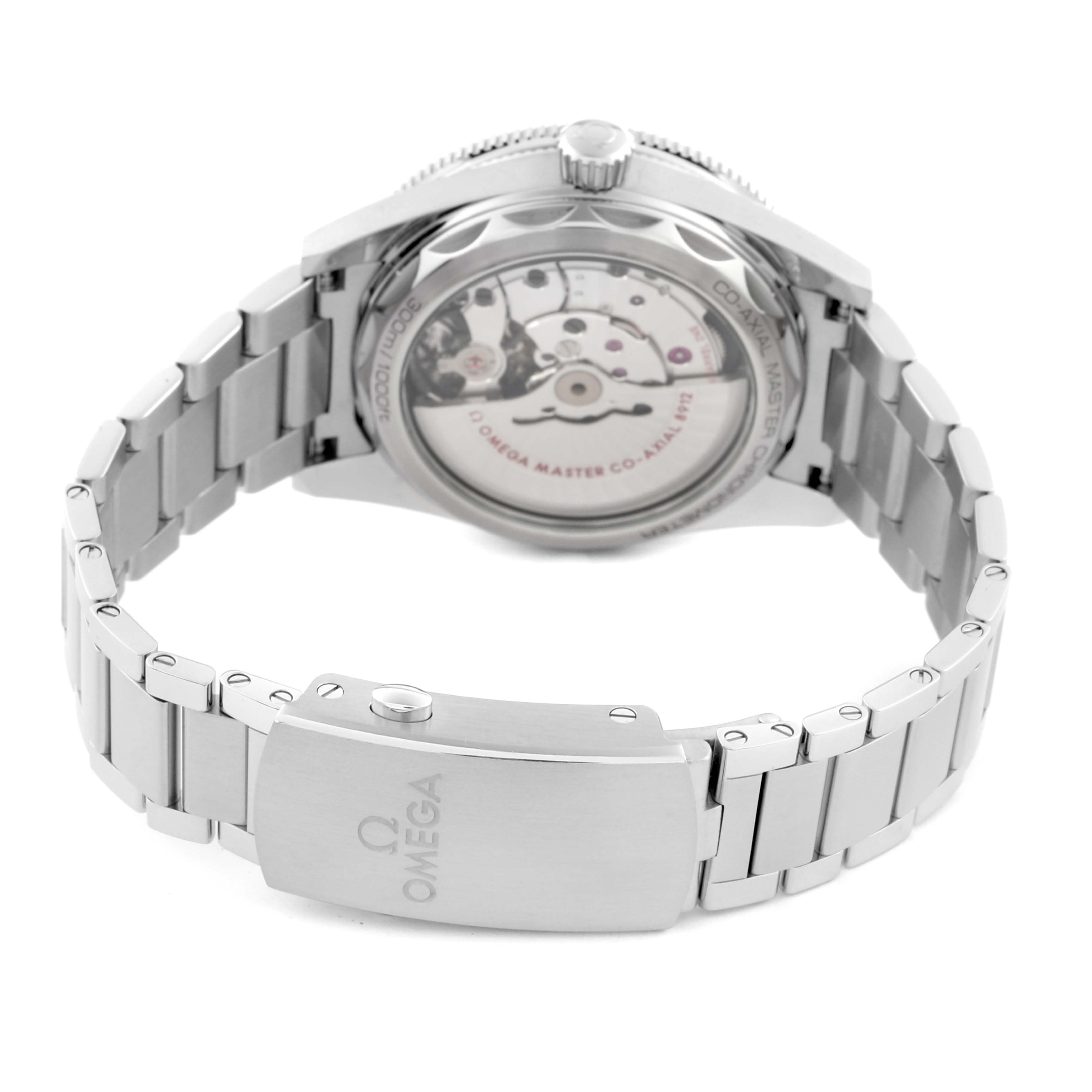 The image shows the back and strap of the Omega Seamaster 234.30.41.21.01.001 Men
s Stainless Steel Black Dial 234.30.41.21.01.001 Men
s Stainless Steel Black Dial watch, highlighting the clasp and visible mechanical movement.