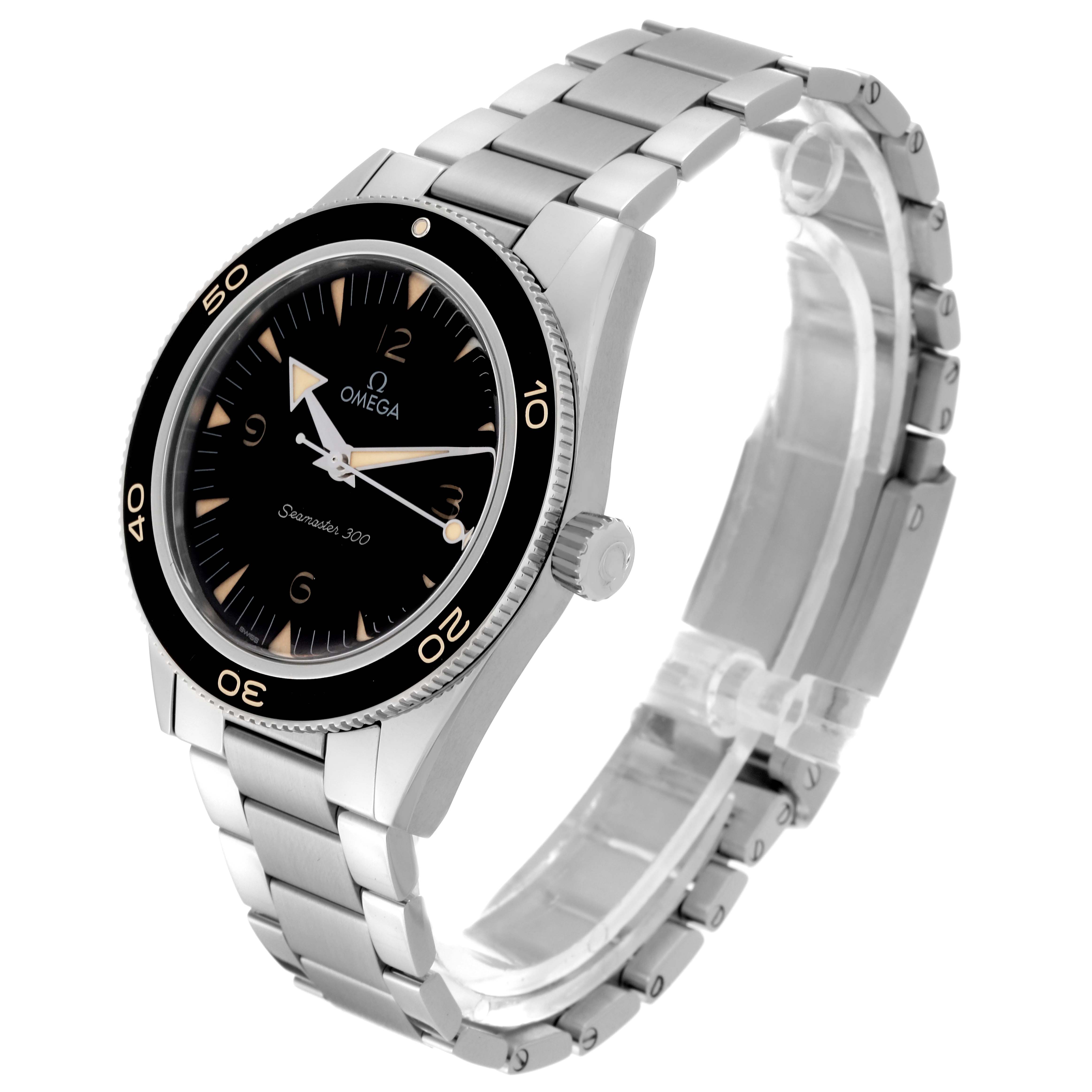 The image shows an Omega Seamaster 234.30.41.21.01.001 Men
s Stainless Steel Black Dial 234.30.41.21.01.001 Men
s Stainless Steel Black Dial model watch at an angle displaying its face, bezel, crown, and stainless steel bracelet.