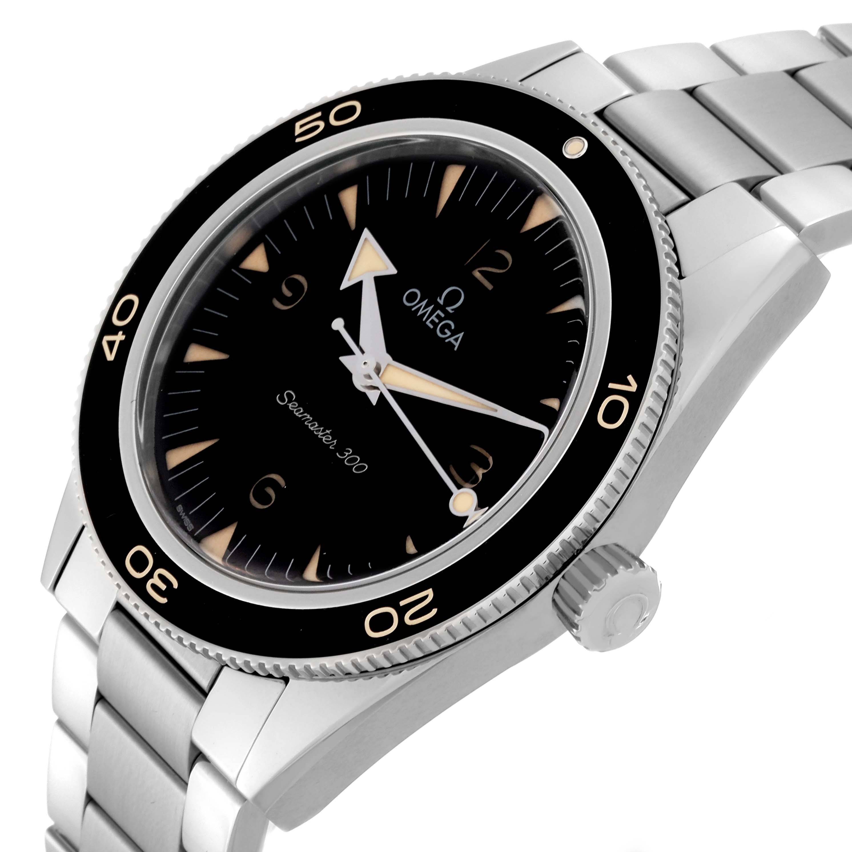 This image shows a side-angle view of an Omega Seamaster 234.30.41.21.01.001 Men
s Stainless Steel Black Dial 234.30.41.21.01.001 Men
s Stainless Steel Black Dial 300, displaying the bezel, dial, crown, and part of the bracelet.