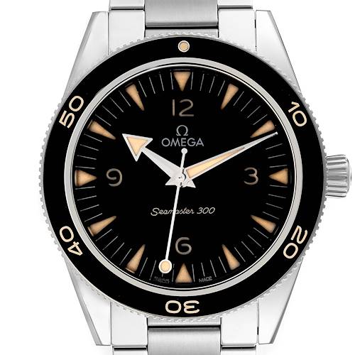 The image shows a front view of an Omega Seamaster 300 watch, highlighting the dial, bezel, and part of the bracelet.