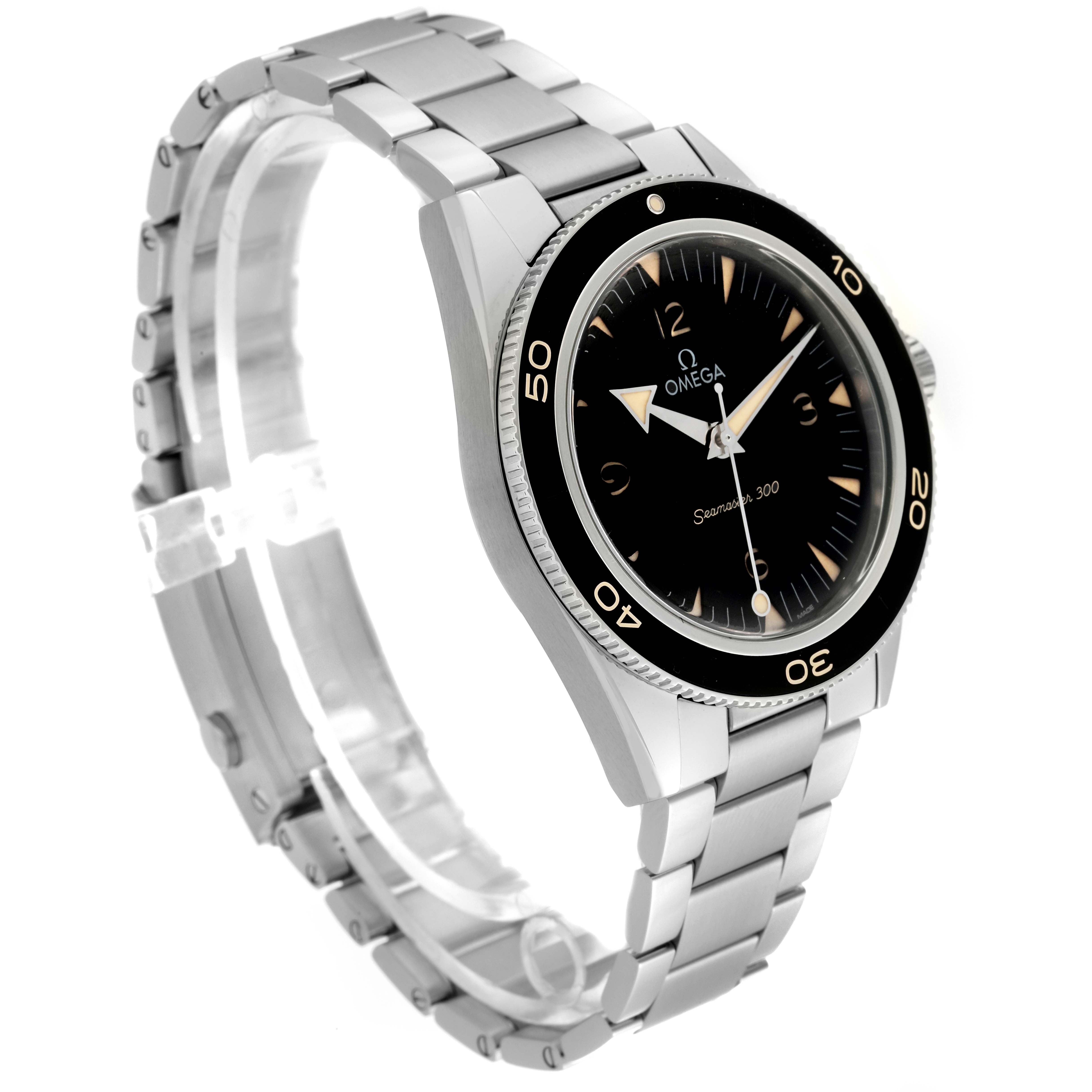 This image shows an Omega Seamaster 234.30.41.21.01.001 Men
s Stainless Steel Black Dial 234.30.41.21.01.001 Men
s Stainless Steel Black Dial model watch at a slight angle, featuring the face, bezel, crown, and stainless steel bracelet.