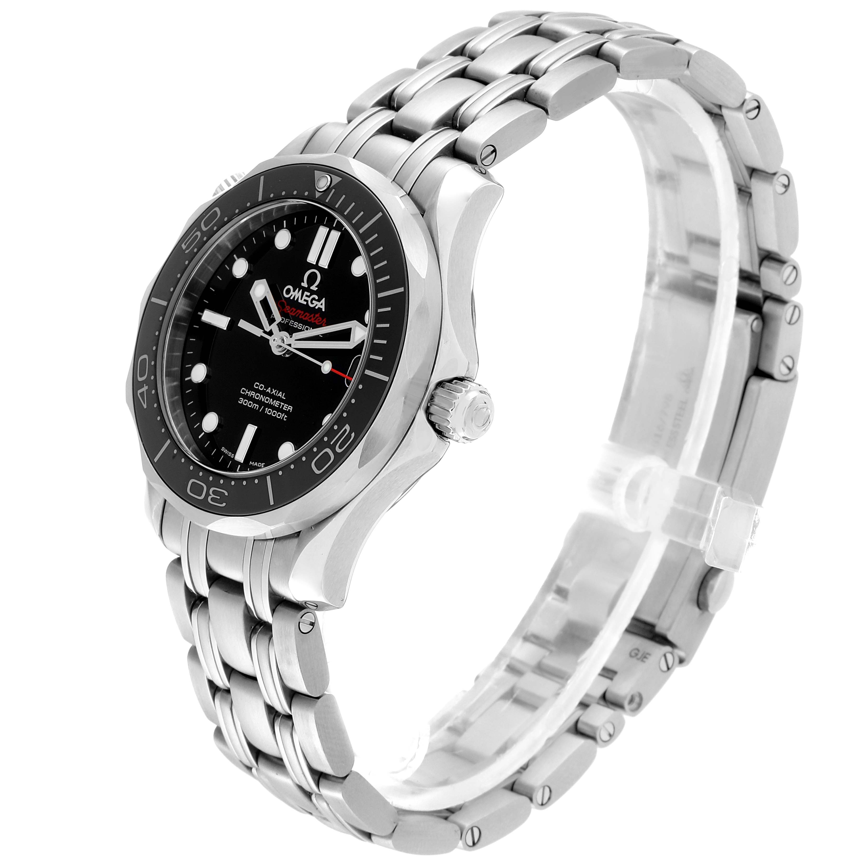 The Omega Seamaster 212.30.36.20.01.002 Men's Stainless Steel Black Dial 212.30.36.20.01.002 Men's Stainless Steel Black Dial watch is shown at a 3/4 angle, highlighting the face, bezel, crown, and part of the bracelet.