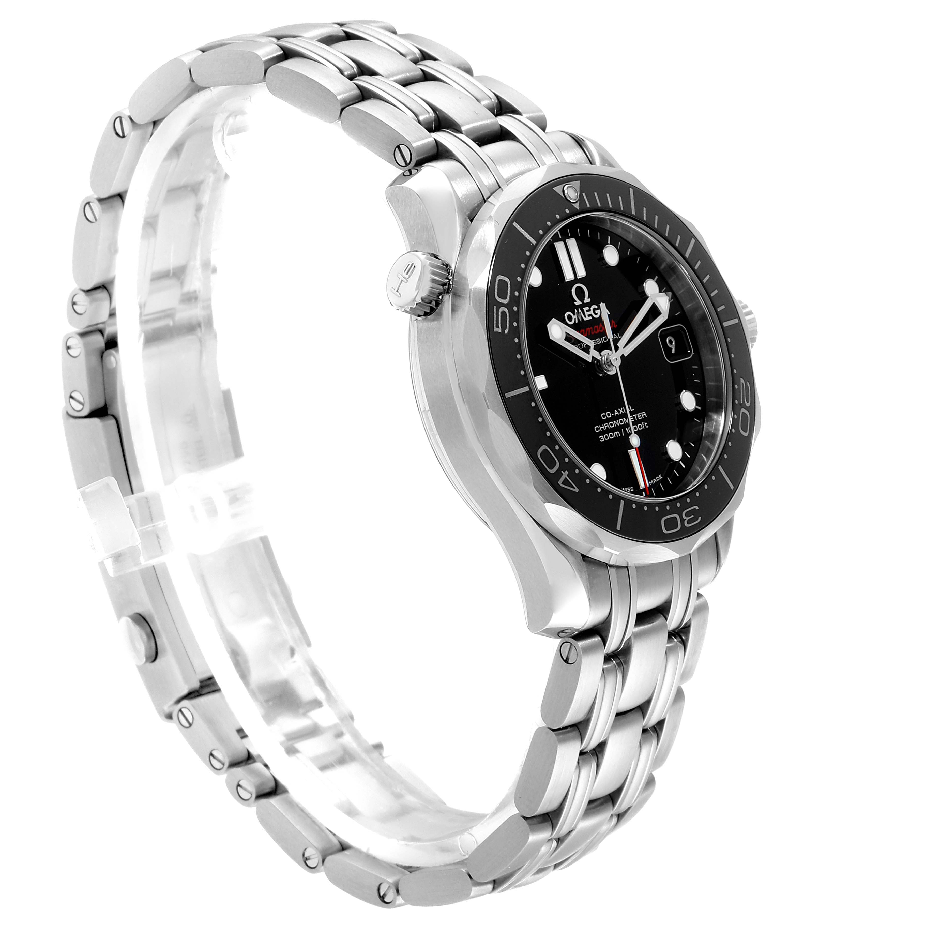 The image shows an angled side and front view of an Omega Seamaster 212.30.36.20.01.002 Men's Stainless Steel Black Dial 212.30.36.20.01.002 Men's Stainless Steel Black Dial watch, highlighting the bezel, dial, and bracelet.