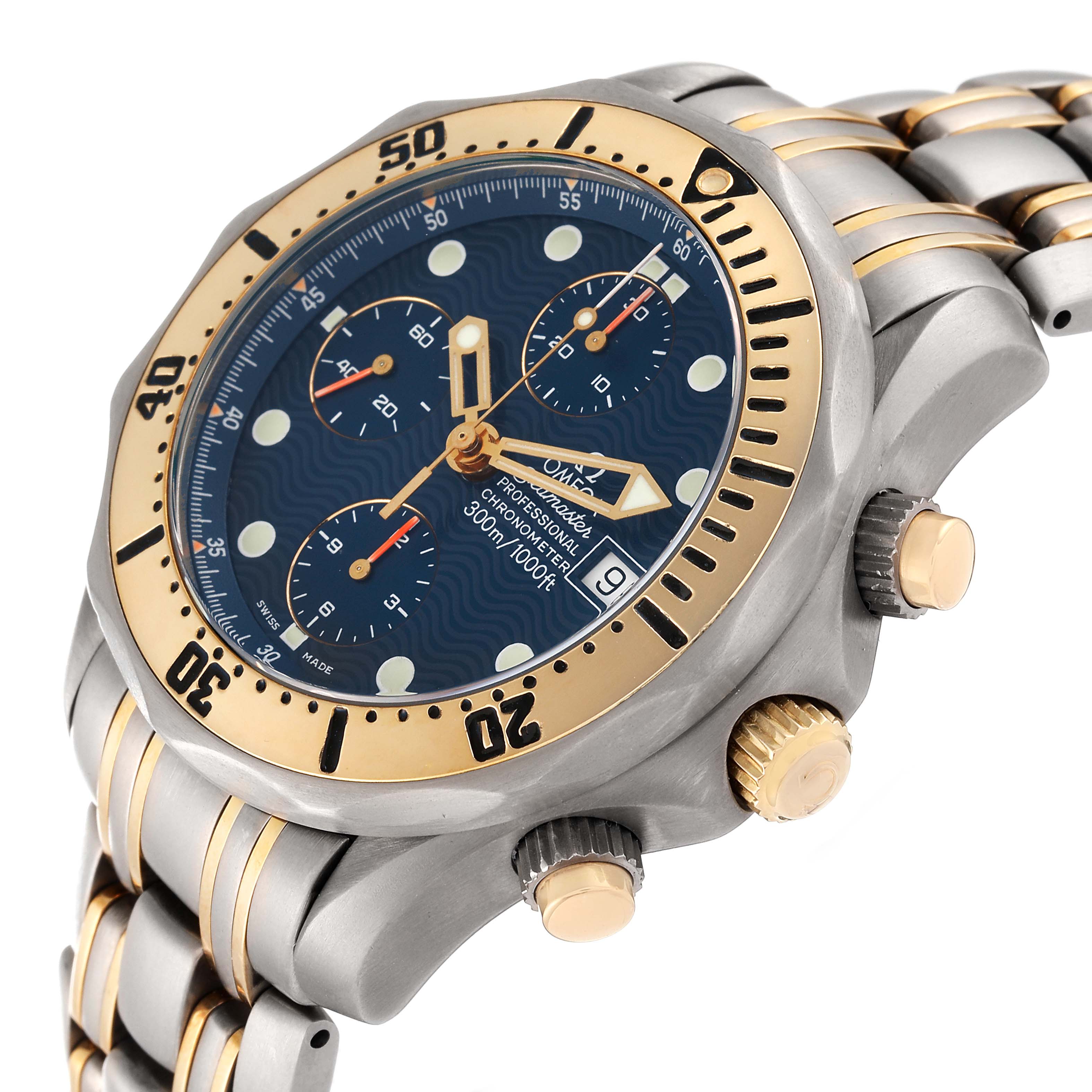 The Omega Seamaster 2297.80.00 Men's Titanium Blue Dial 2297.80.00 Men's Titanium Blue Dial watch is shown at an angled view highlighting the dial, bezel, crown, and part of the bracelet.