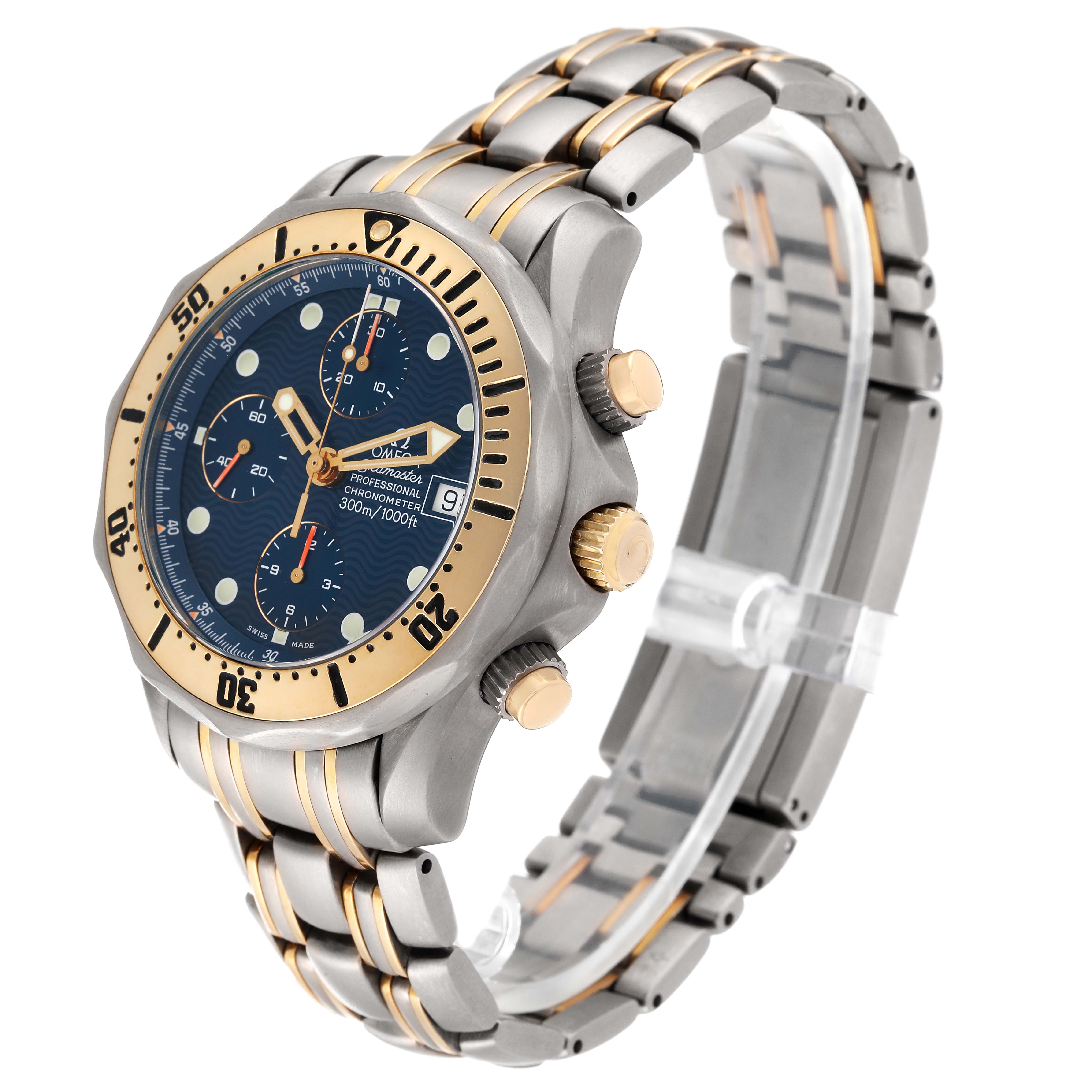 The Omega Seamaster 2297.80.00 Men's Titanium Blue Dial 2297.80.00 Men's Titanium Blue Dial watch is shown at an angle that displays the face, bezel, side buttons, and part of the bracelet.