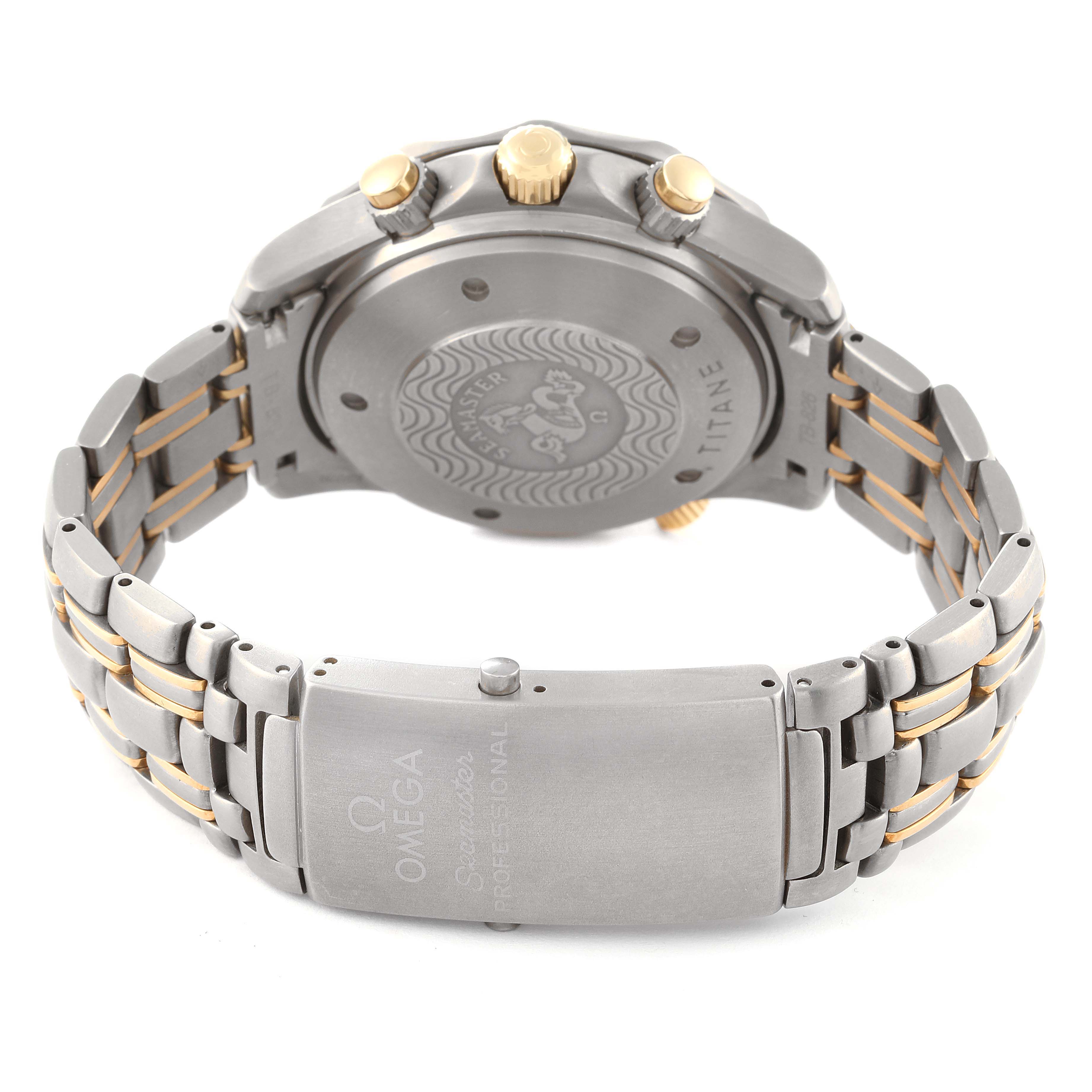 The image shows the backside of the Omega Seamaster 2297.80.00 Men's Titanium Blue Dial 2297.80.00 Men's Titanium Blue Dial watch, highlighting the case back, crown, and bracelet clasp.