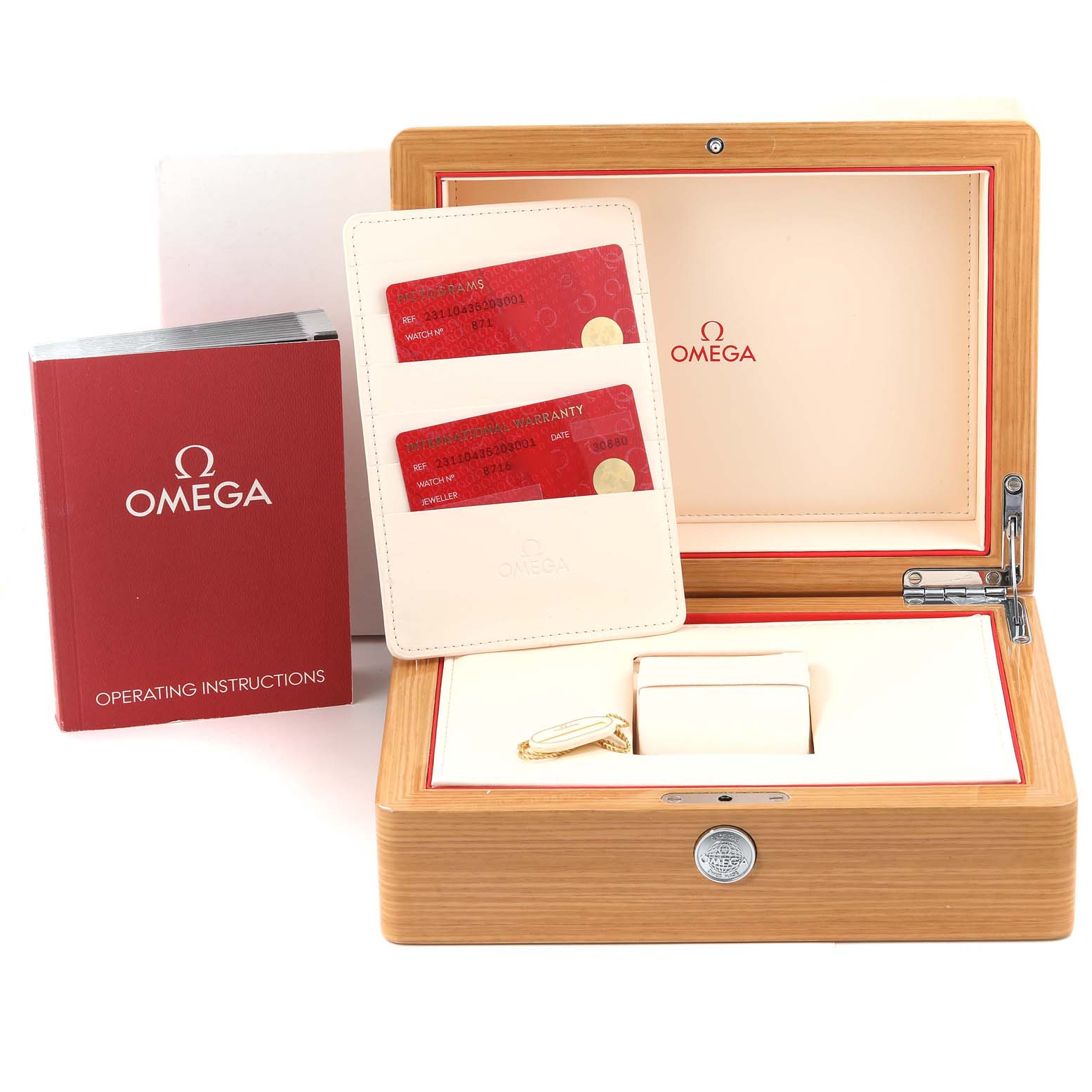 The image shows the packaging, documentation, and accessories for the Omega Aqua Terra 231.10.43.52.03.001 Men
s Stainless Steel Blue Dial 231.10.43.52.03.001 Men
s Stainless Steel Blue Dial model watch.