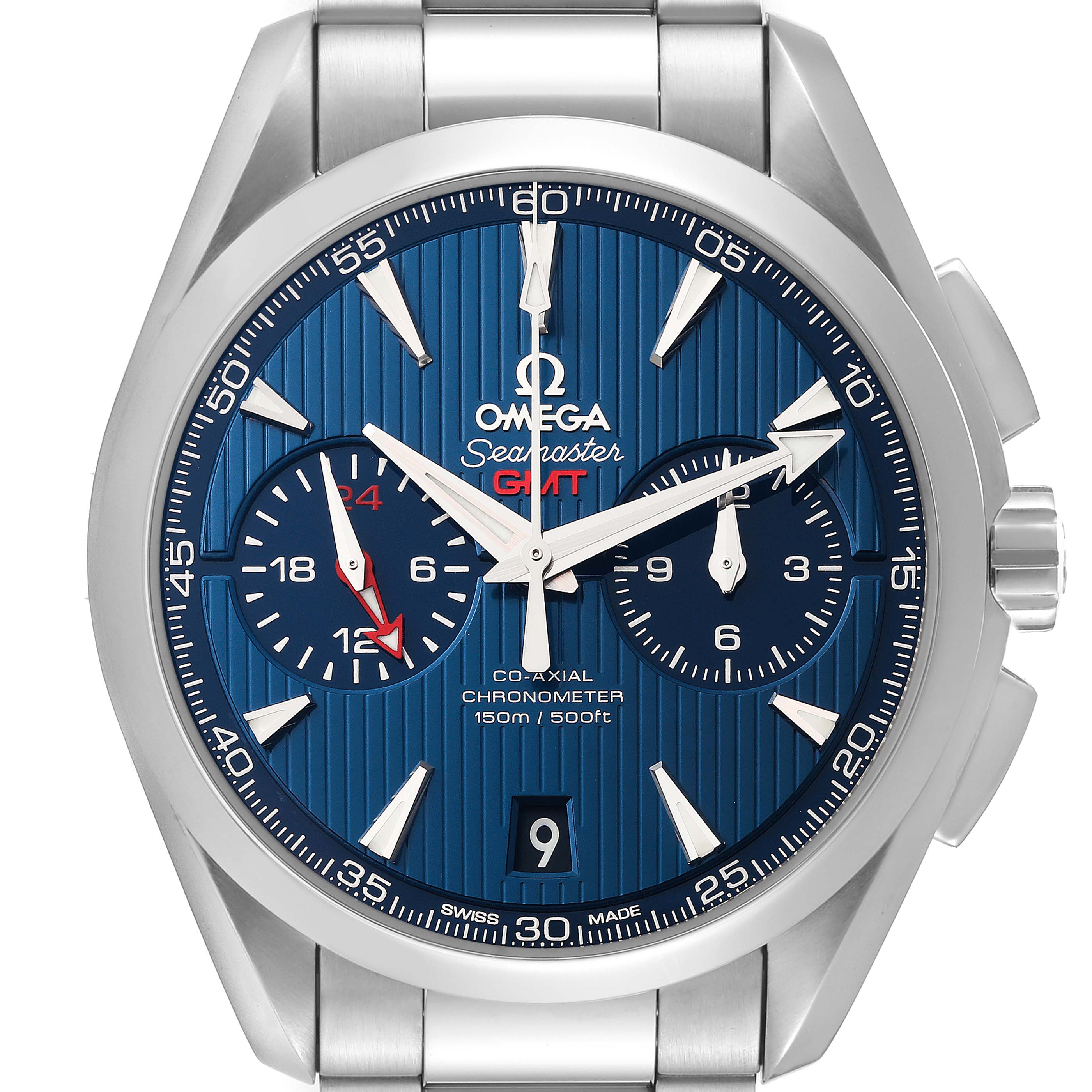 The image shows a frontal view of the Omega Aqua Terra 231.10.43.52.03.001 Men
s Stainless Steel Blue Dial 231.10.43.52.03.001 Men
s Stainless Steel Blue Dial Seamaster GMT watch, displaying its blue dial, bezel, and metal bracelet.