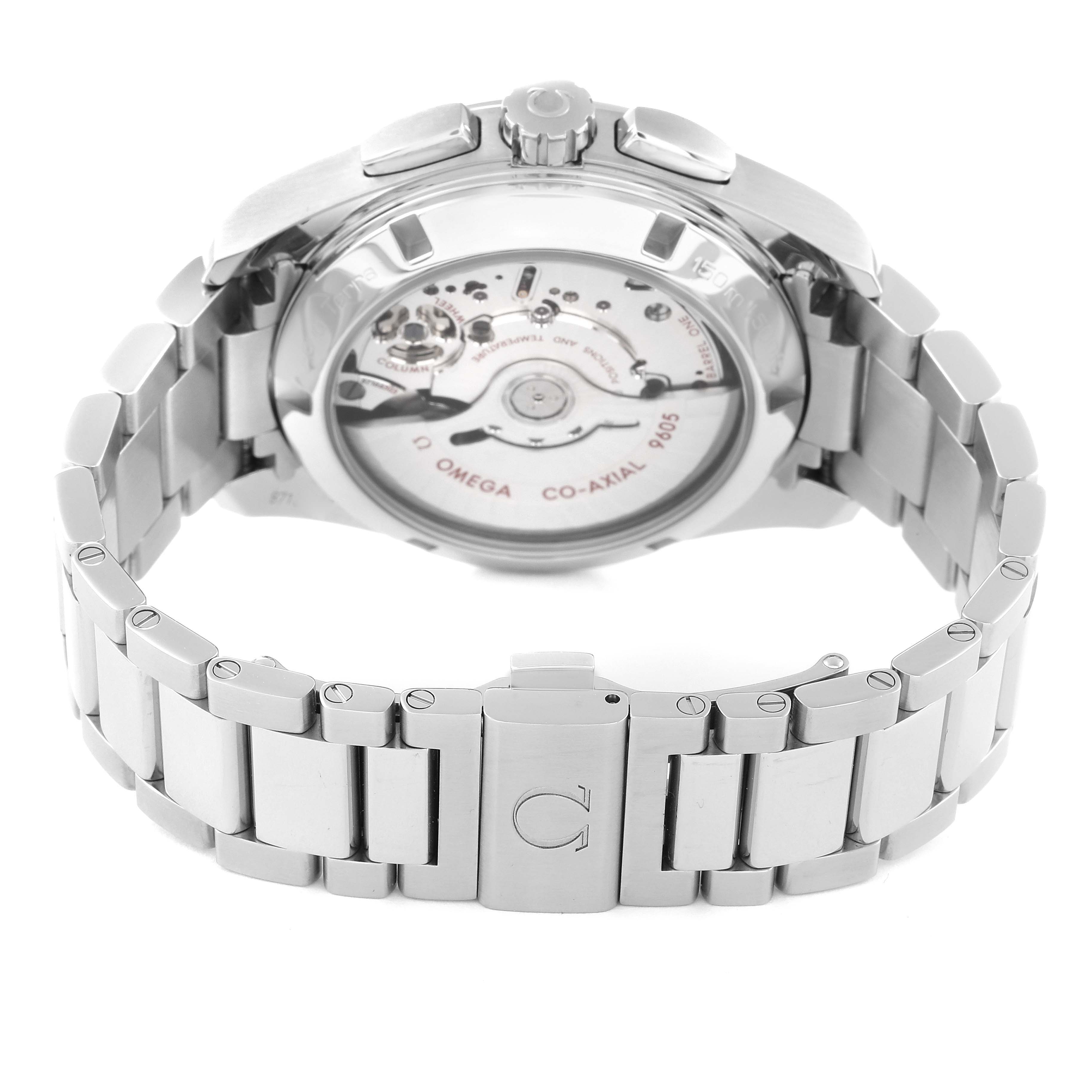 The Omega Aqua Terra 231.10.43.52.03.001 Men
s Stainless Steel Blue Dial 231.10.43.52.03.001 Men
s Stainless Steel Blue Dial watch is shown from the back, displaying the movement and metal bracelet.