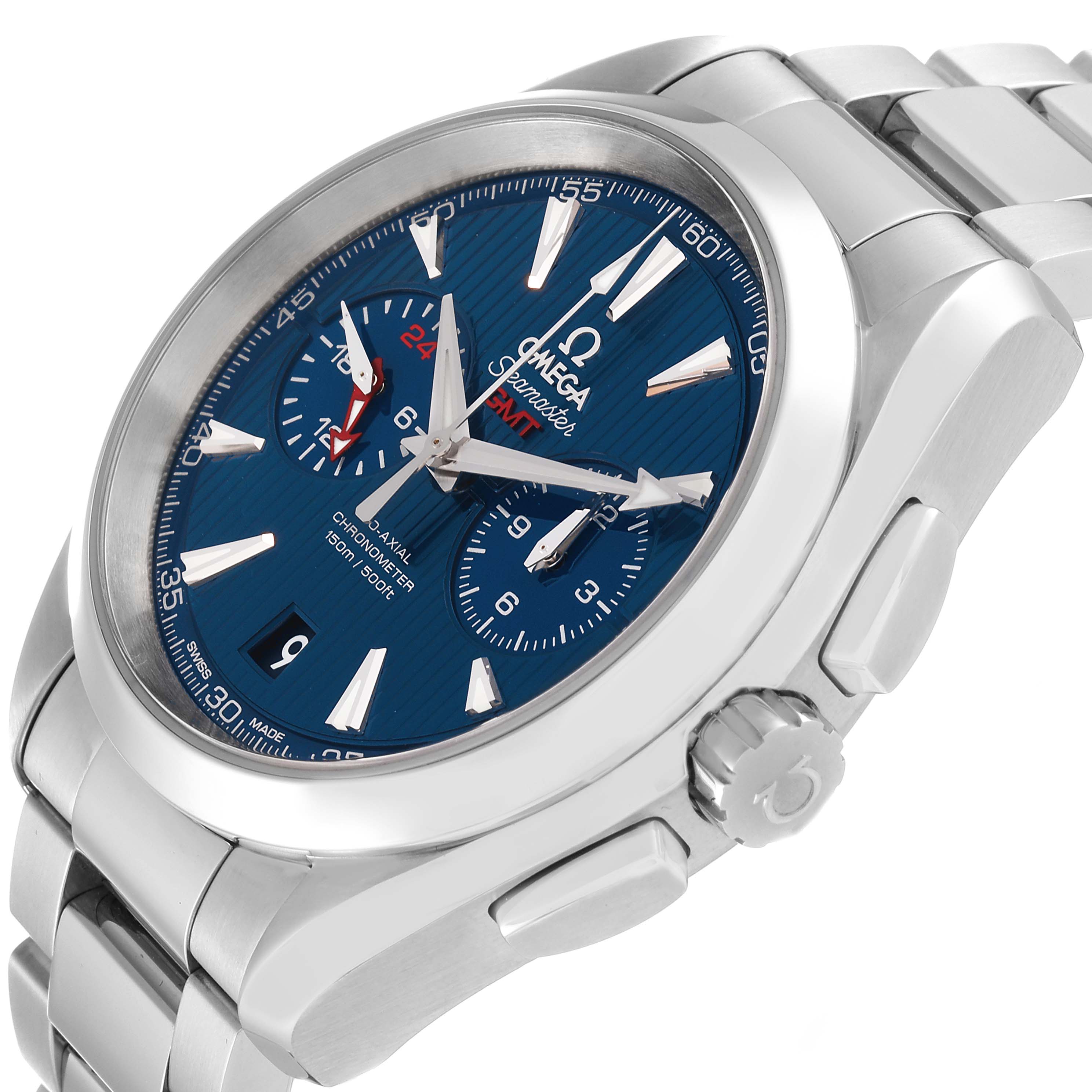 This image shows a close-up angled view of the Omega Aqua Terra 231.10.43.52.03.001 Men
s Stainless Steel Blue Dial 231.10.43.52.03.001 Men
s Stainless Steel Blue Dial watch, highlighting the dial, bezel, crown, and bracelet.