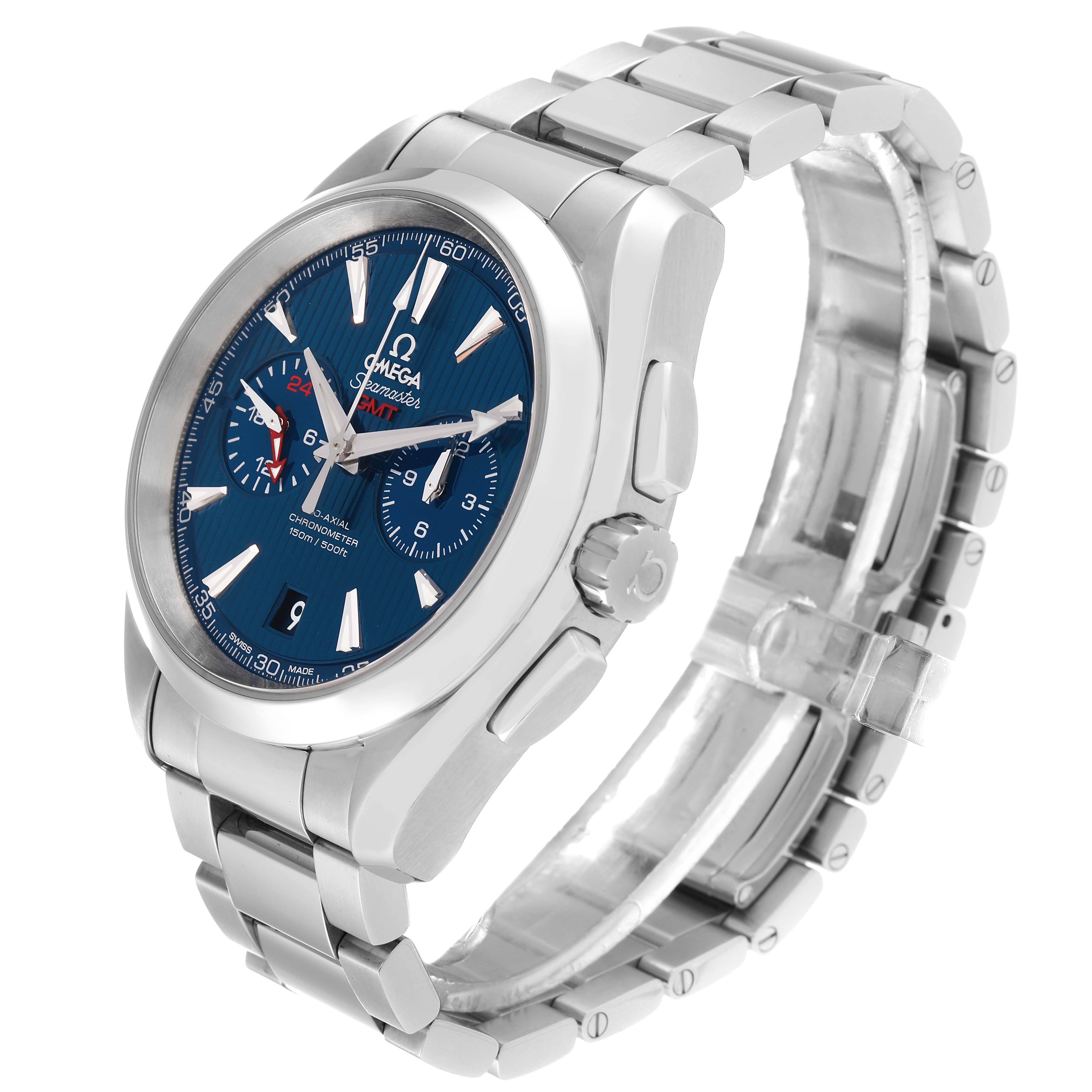 The image shows an Omega Aqua Terra 231.10.43.52.03.001 Men
s Stainless Steel Blue Dial 231.10.43.52.03.001 Men
s Stainless Steel Blue Dial watch at an angle highlighting its face, crown, and metal bracelet.