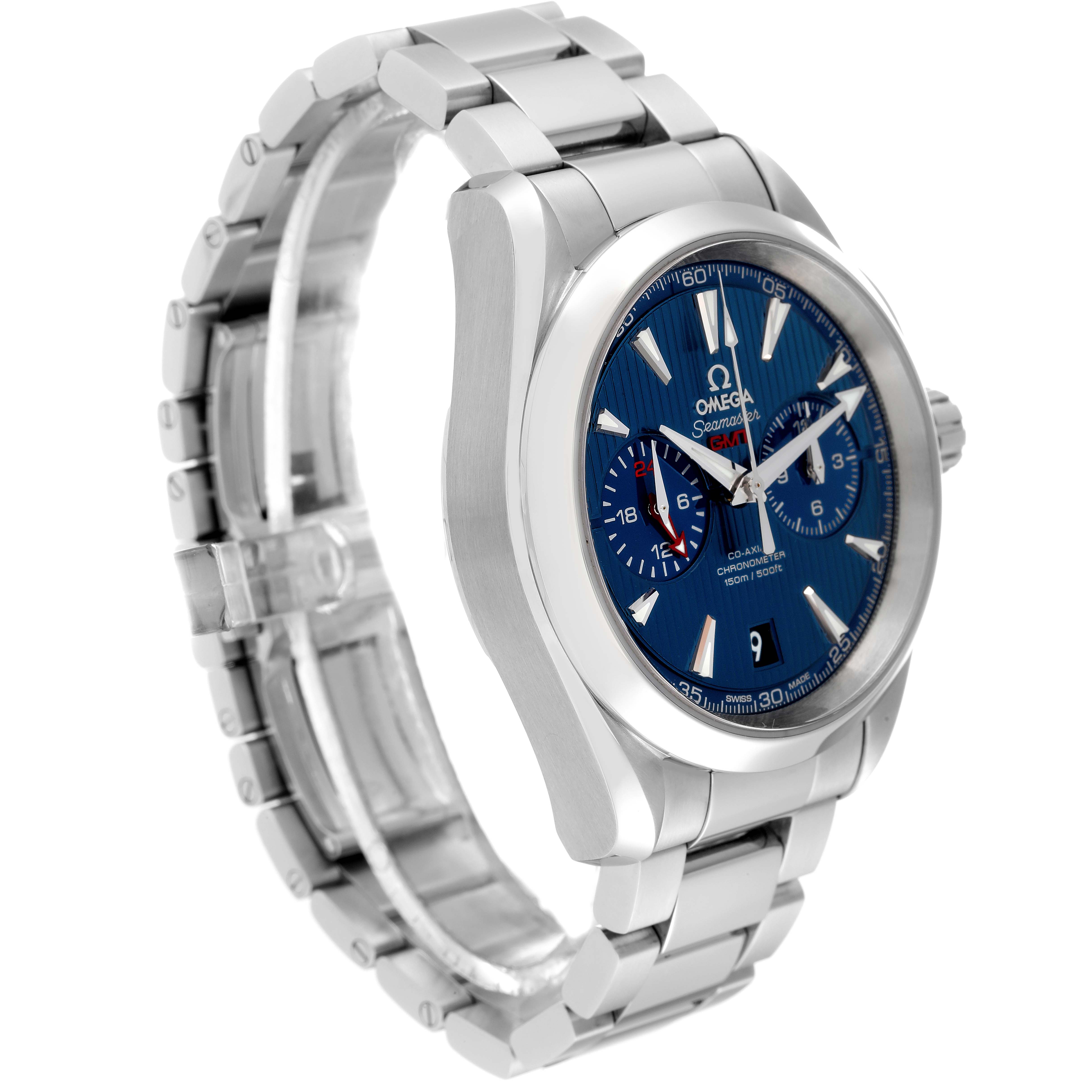 The image shows a side angle view of the Omega Aqua Terra 231.10.43.52.03.001 Men
s Stainless Steel Blue Dial 231.10.43.52.03.001 Men
s Stainless Steel Blue Dial watch, highlighting its blue dial, stainless steel case, and bracelet.