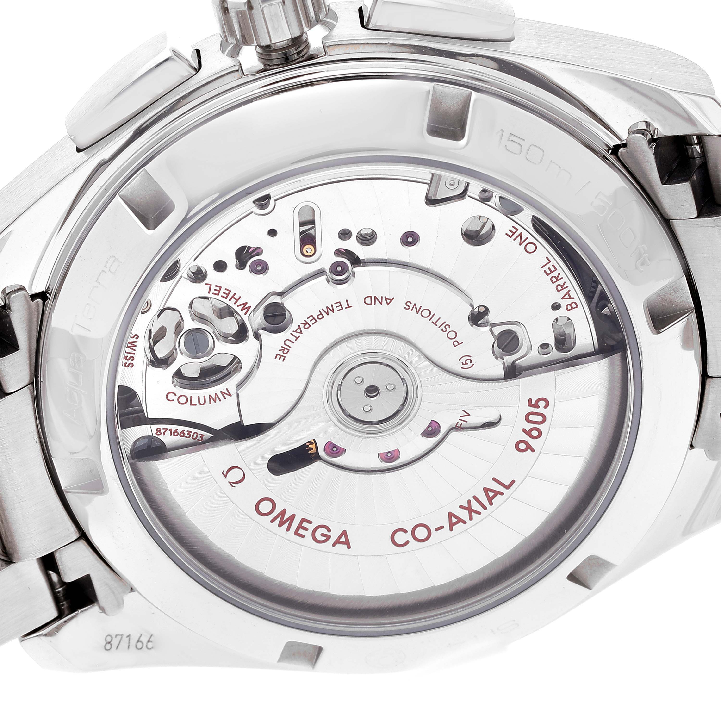 The image shows the back view of an Omega Aqua Terra 231.10.43.52.03.001 Men
s Stainless Steel Blue Dial 231.10.43.52.03.001 Men
s Stainless Steel Blue Dial watch, highlighting the transparent case back and Co-Axial 9605 movement.