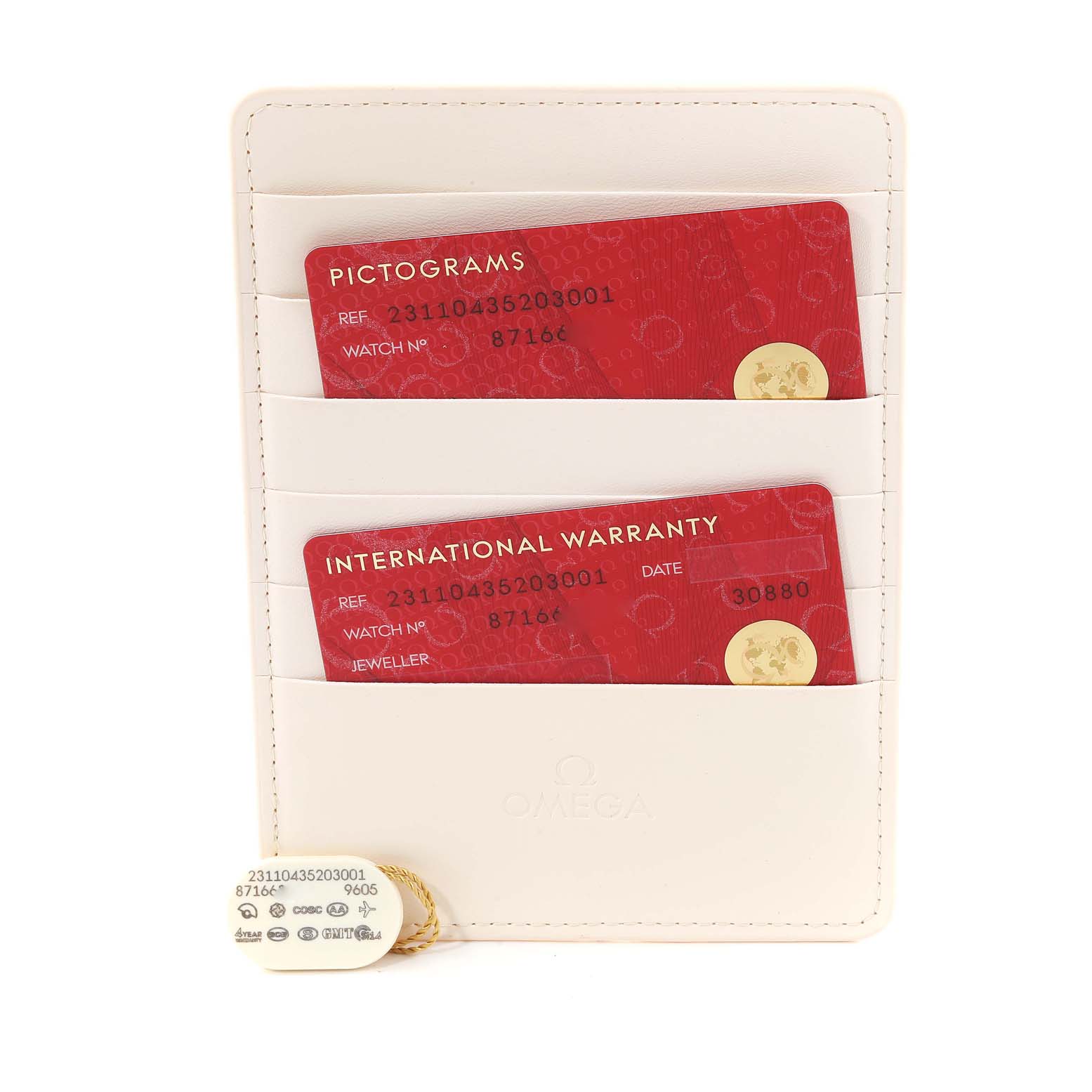 The image shows the warranty cards and tag for the Omega Aqua Terra 231.10.43.52.03.001 Men
s Stainless Steel Blue Dial 231.10.43.52.03.001 Men
s Stainless Steel Blue Dial watch model.