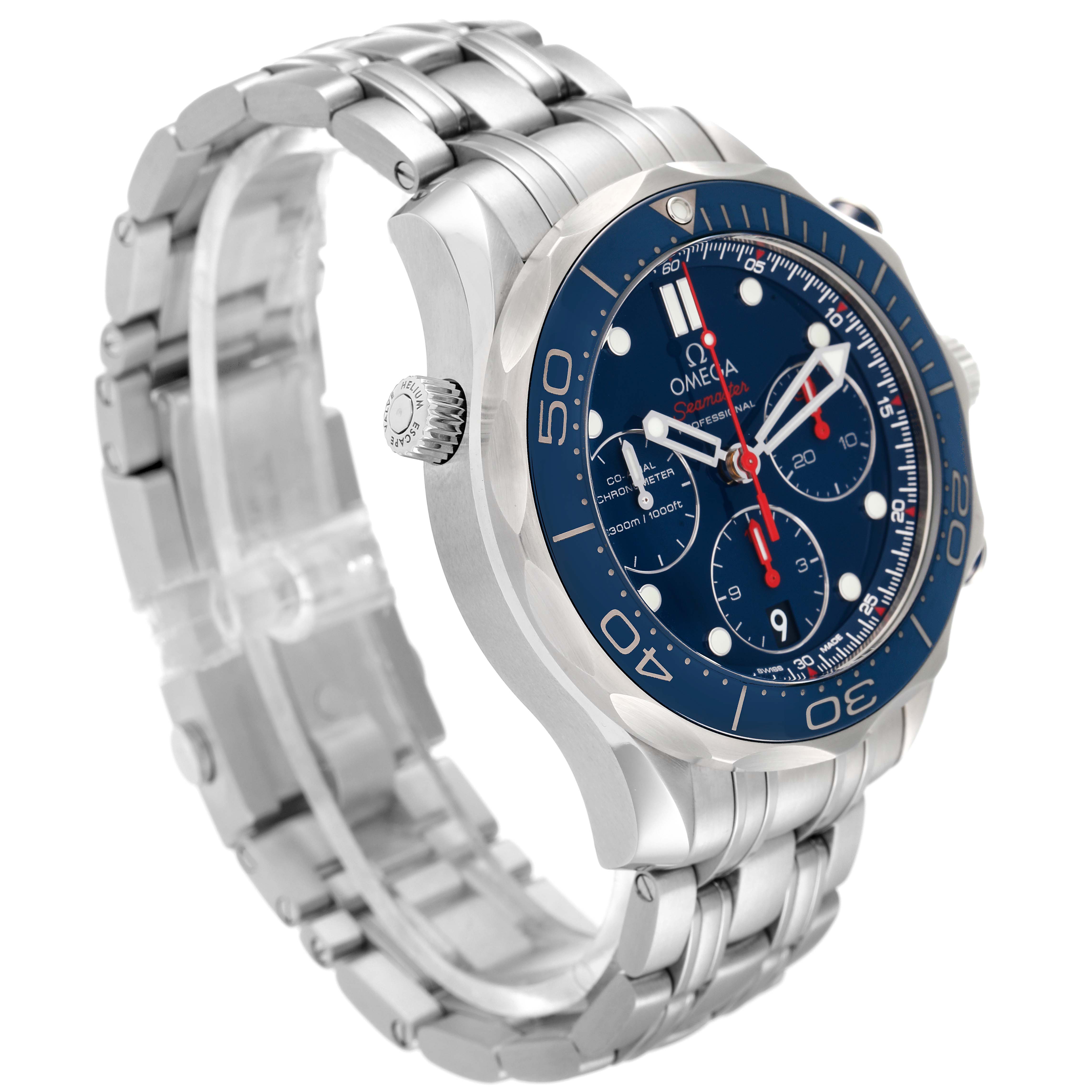 The image shows a three-quarter angled view of an Omega Seamaster 212.30.42.50.03.001 Men's Stainless Steel Blue Dial 212.30.42.50.03.001 Men's Stainless Steel Blue Dial watch, emphasizing the dial, bezel, crown, and bracelet.
