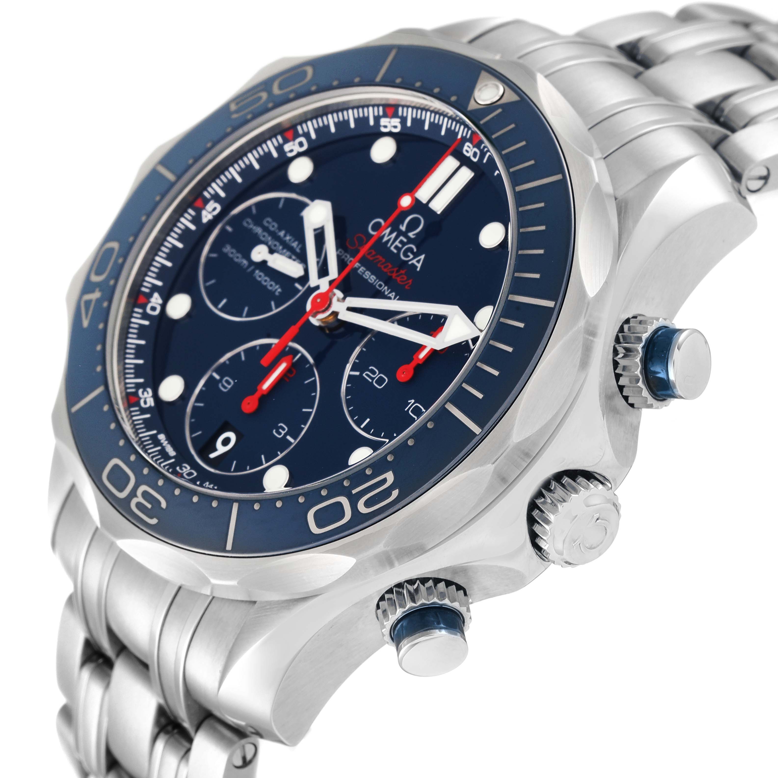 This image shows an angled view of an Omega Seamaster 212.30.42.50.03.001 Men's Stainless Steel Blue Dial 212.30.42.50.03.001 Men's Stainless Steel Blue Dial watch, highlighting its face, bezel, crown, and side buttons.