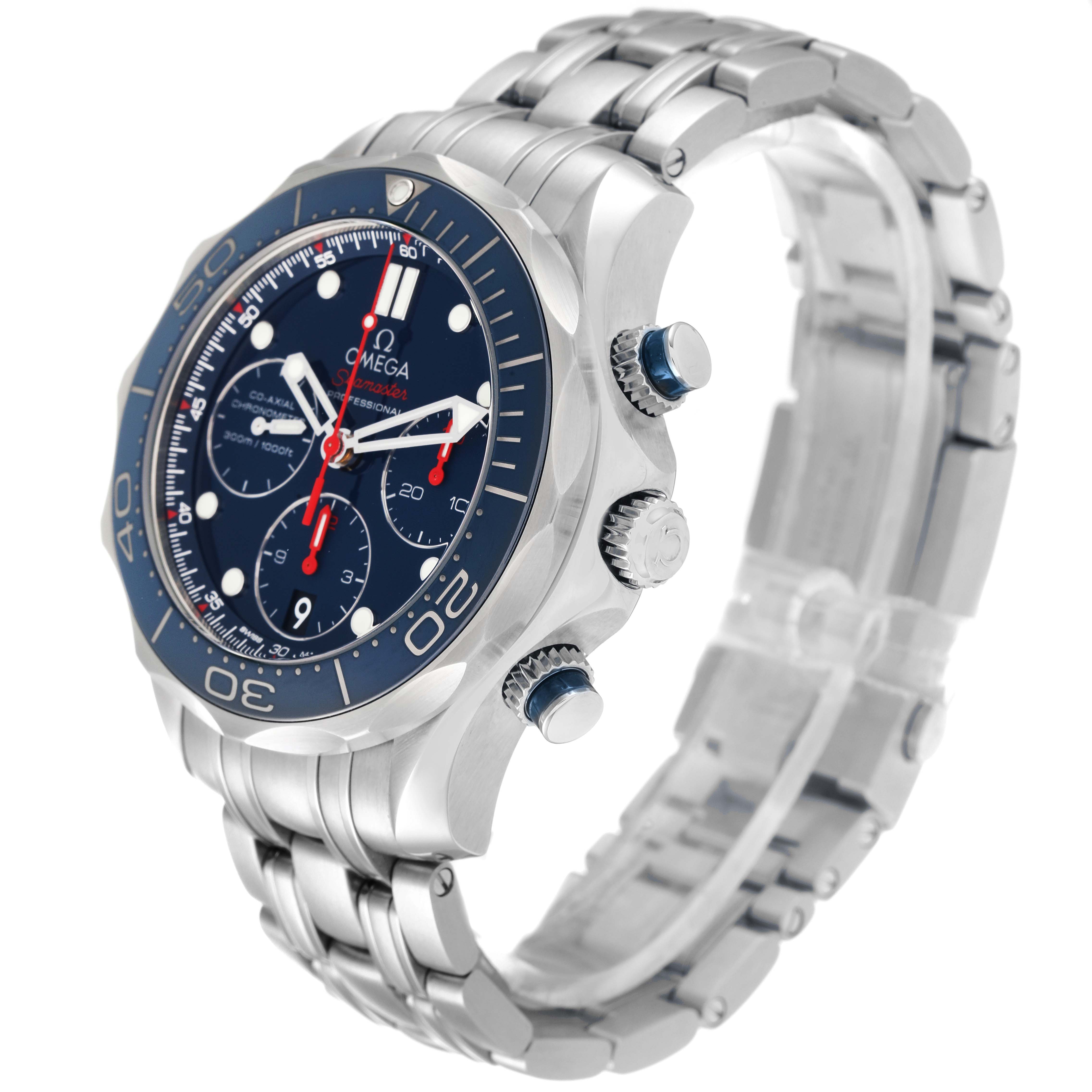 The image shows an angled side view of an Omega Seamaster 212.30.42.50.03.001 Men's Stainless Steel Blue Dial 212.30.42.50.03.001 Men's Stainless Steel Blue Dial watch, highlighting the bracelet, bezel, and chronograph pushers.