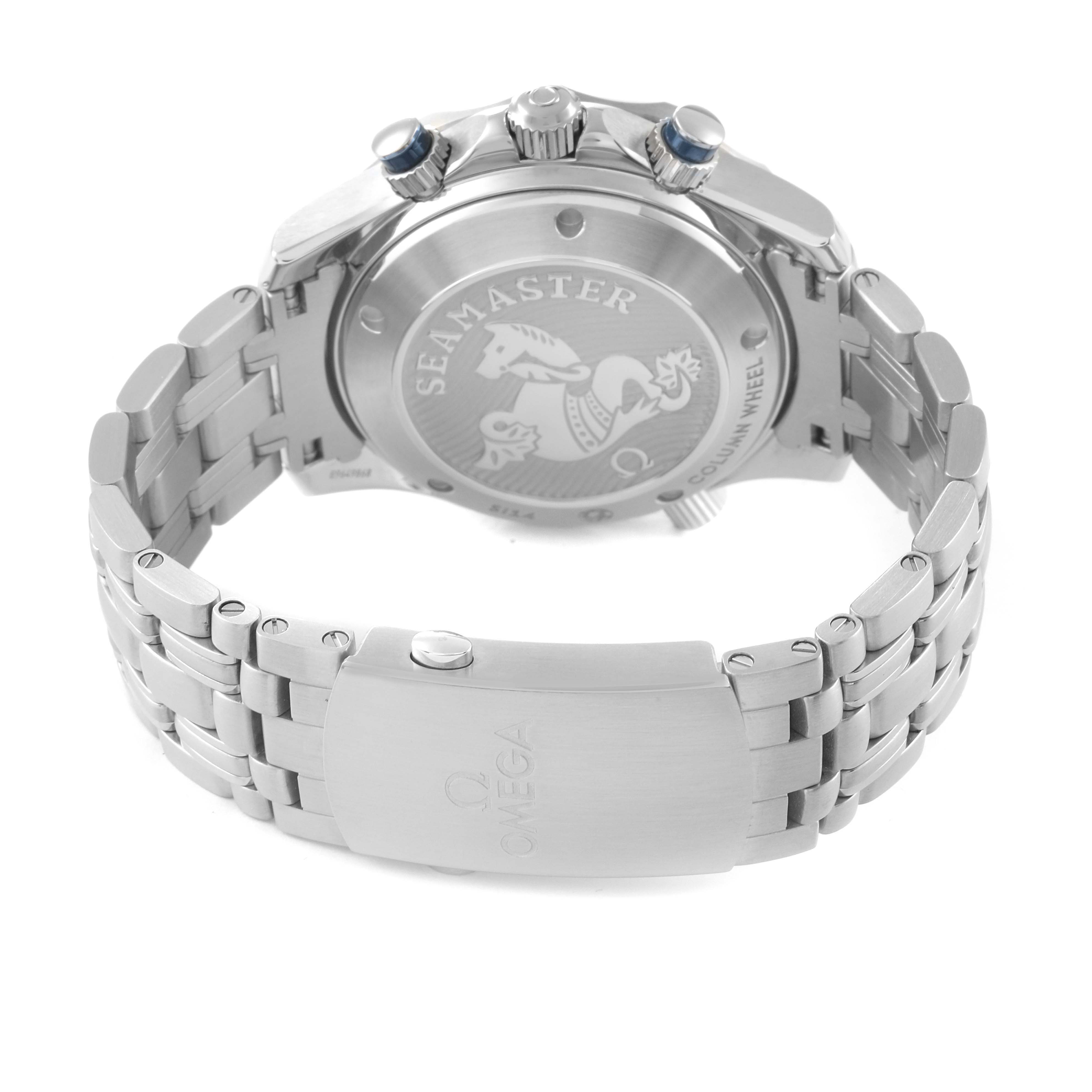 The image shows the back view of an Omega Seamaster 212.30.42.50.03.001 Men's Stainless Steel Blue Dial 212.30.42.50.03.001 Men's Stainless Steel Blue Dial watch, highlighting the bracelet, clasp, and case back.