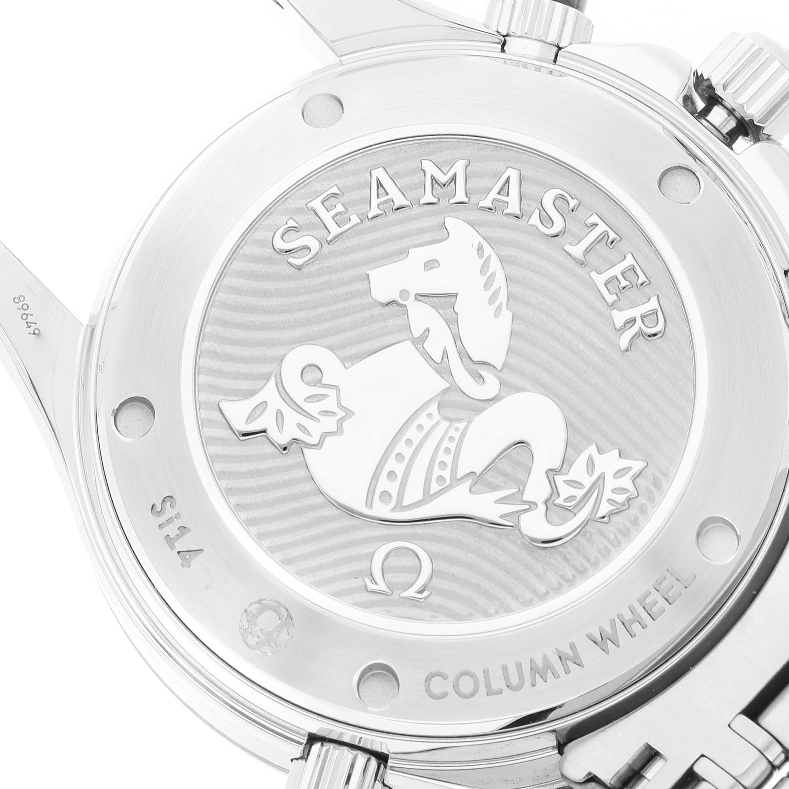 This image shows the case back of an Omega Seamaster 212.30.42.50.03.001 Men's Stainless Steel Blue Dial 212.30.42.50.03.001 Men's Stainless Steel Blue Dial watch, displaying its logo and text detailing.