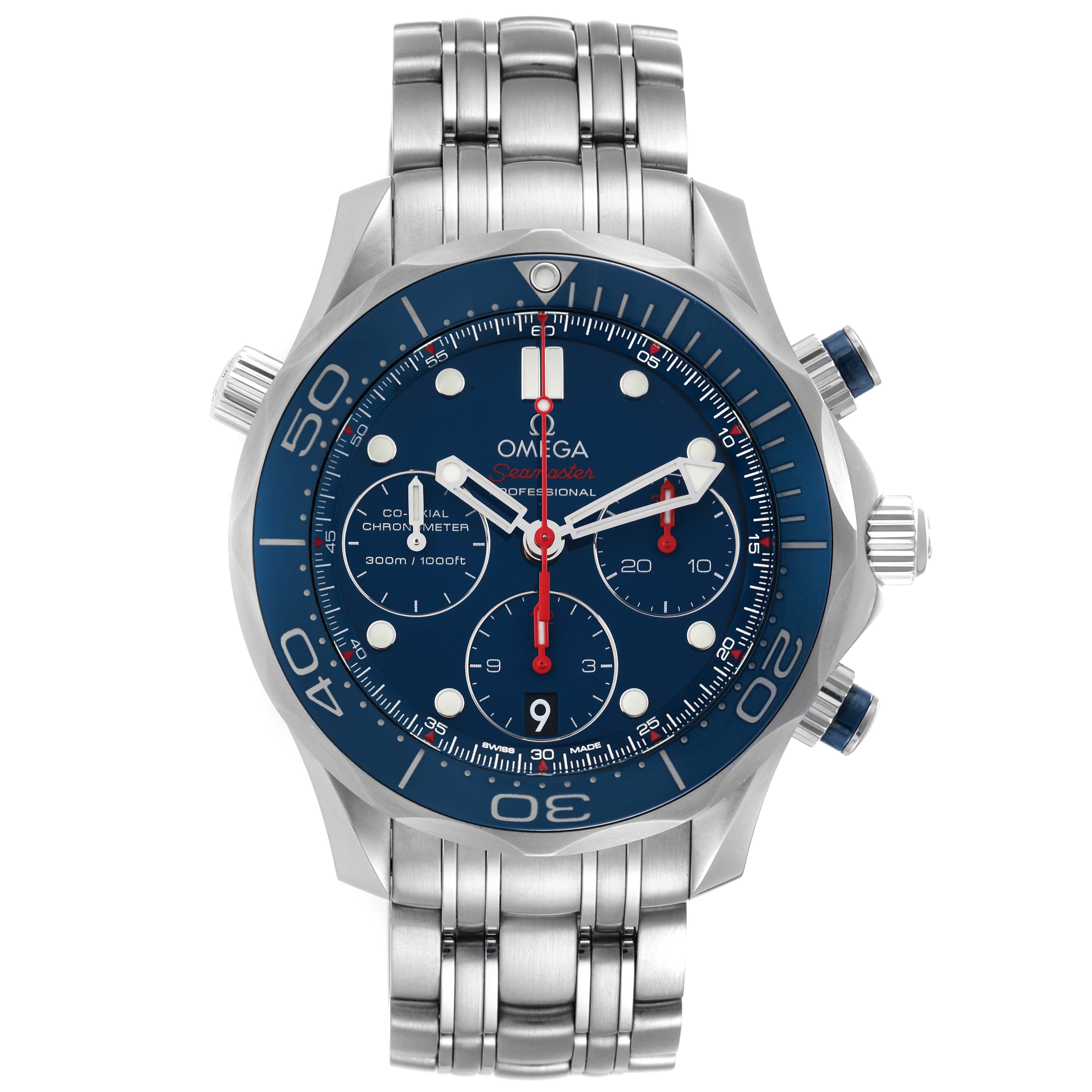 The image shows a front view of an Omega Seamaster 212.30.42.50.03.001 Men's Stainless Steel Blue Dial 212.30.42.50.03.001 Men's Stainless Steel Blue Dial watch, highlighting its blue dial, chronograph sub-dials, and stainless steel bracelet.