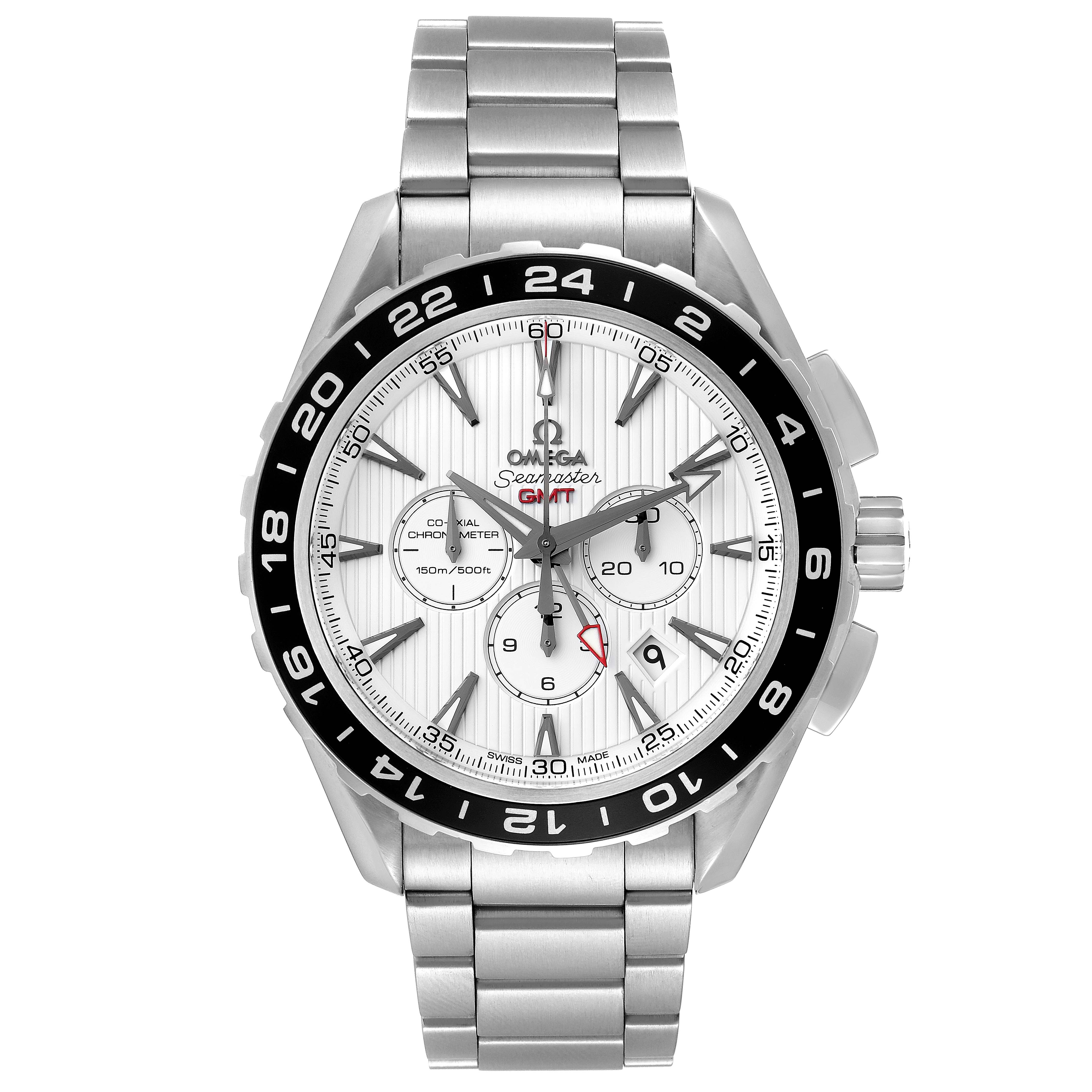 This is a front-angle view of an Omega Seamaster 231.10.44.52.04.001 Men's Stainless Steel White Dial 231.10.44.52.04.001 Men's Stainless Steel White Dial watch, showing the face, bezel, dial, and stainless steel bracelet.