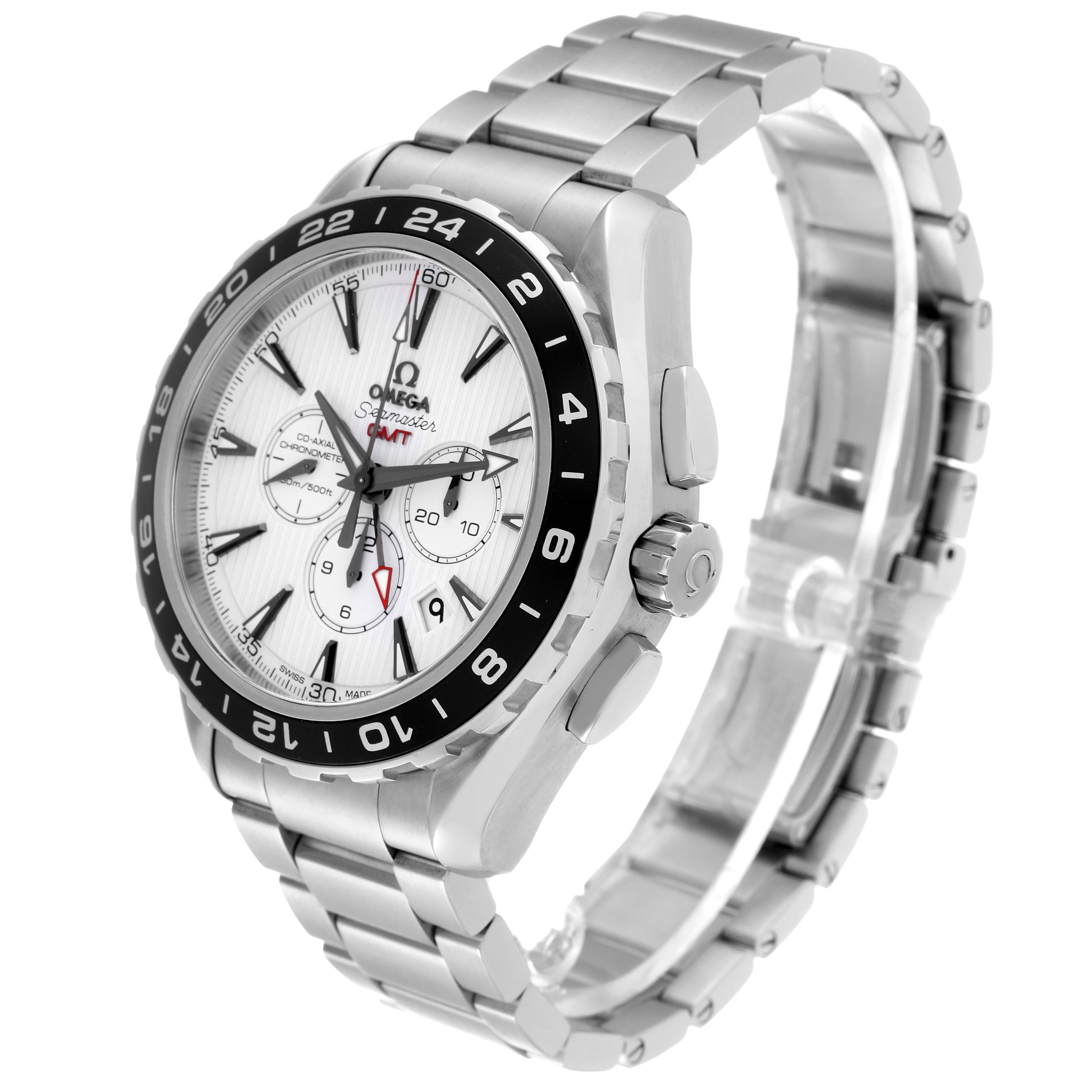 The Omega Seamaster 231.10.44.52.04.001 Men's Stainless Steel White Dial 231.10.44.52.04.001 Men's Stainless Steel White Dial watch is shown at a three-quarter angle, displaying the face, bezel, side crown, and metal bracelet.