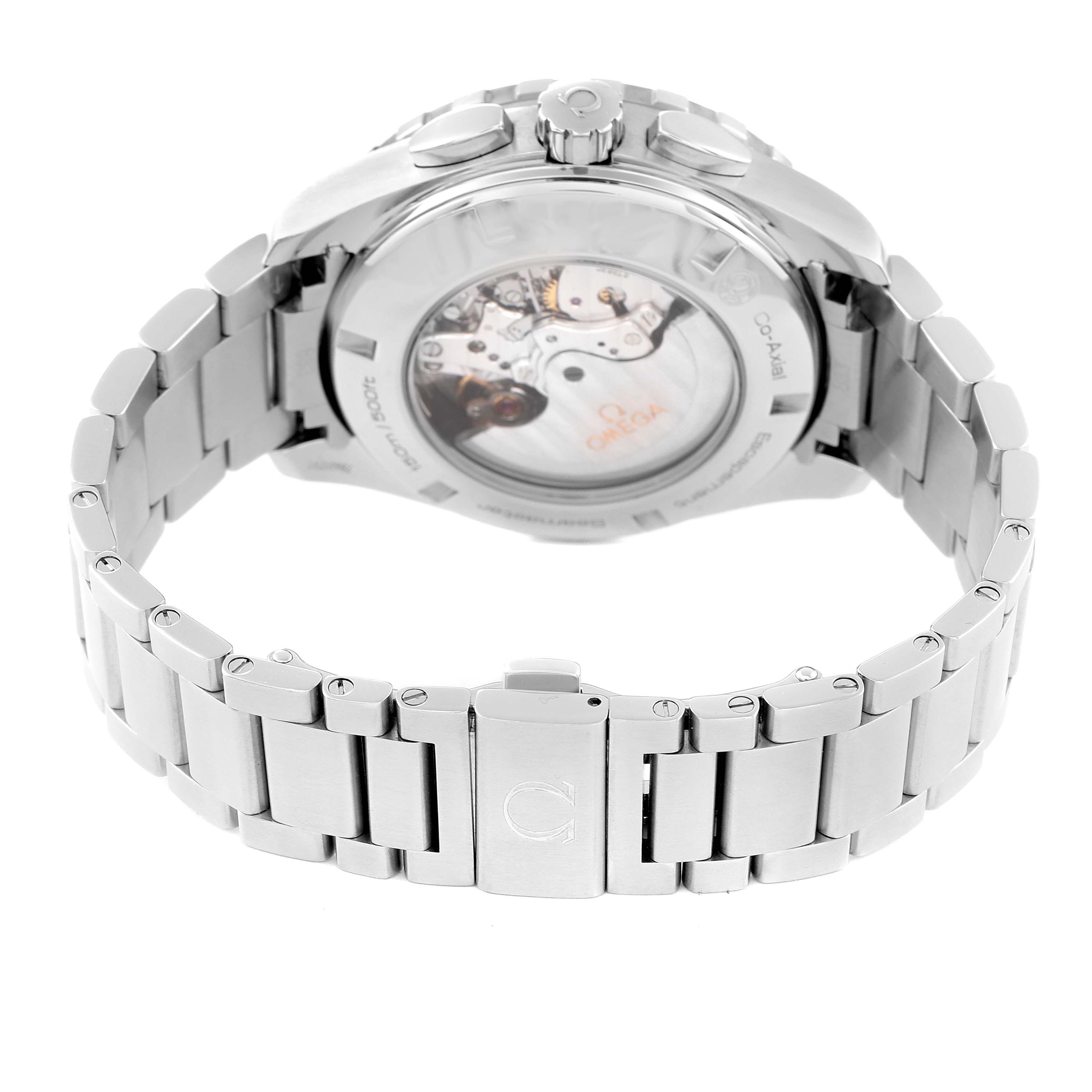 The image shows the back view of an Omega Seamaster 231.10.44.52.04.001 Men's Stainless Steel White Dial 231.10.44.52.04.001 Men's Stainless Steel White Dial watch, highlighting its bracelet, clasp, and transparent case back.